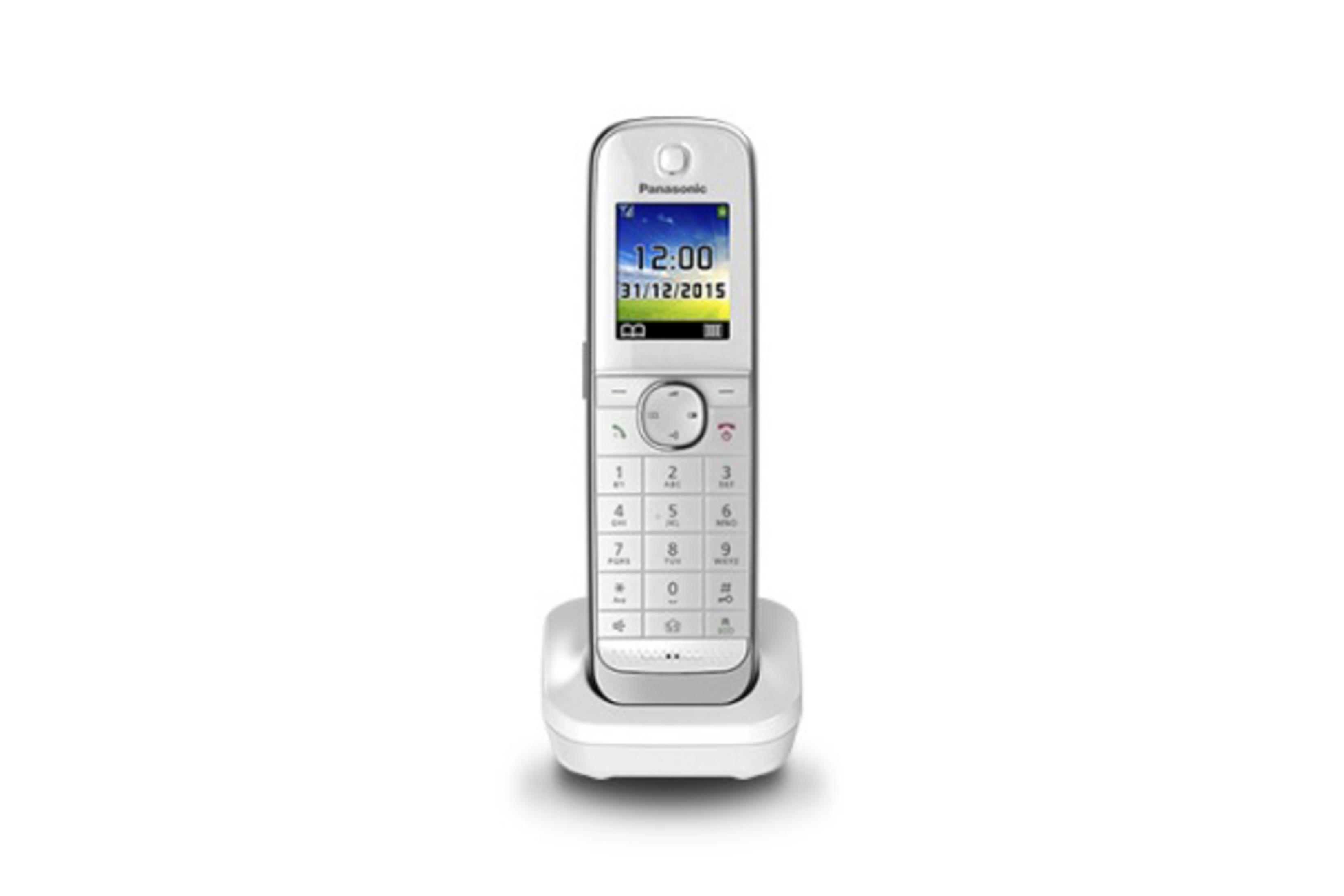 Telefono cordless Panasonic bianco con display che mostra ora e data, sulla sua base.
