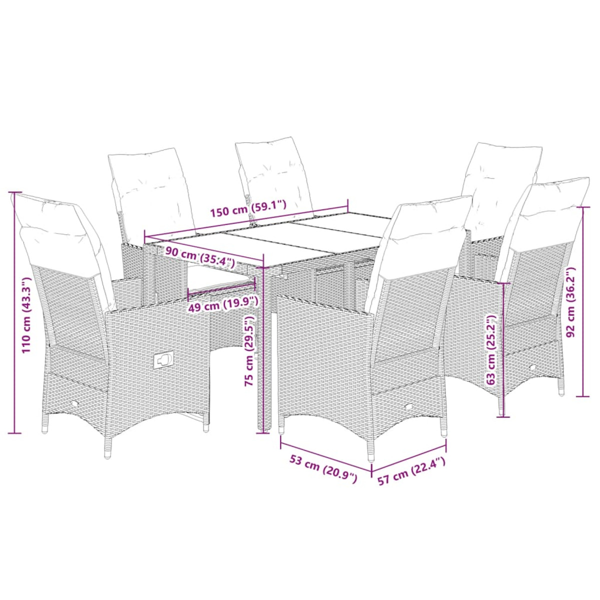 Ein Diagramm eines Esszimmersets aus Weide für den Außenbereich, mit Maßangaben. Enthält einen Tisch und sechs Stühle. Das Set ist braun.