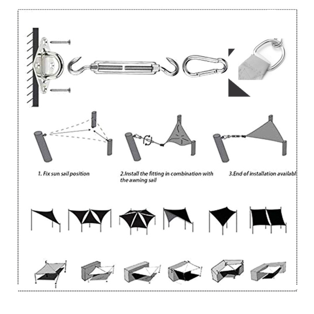 Diagramm mit Installationsschritten für ein Sonnensegel, mit Teilen und Beispielen.