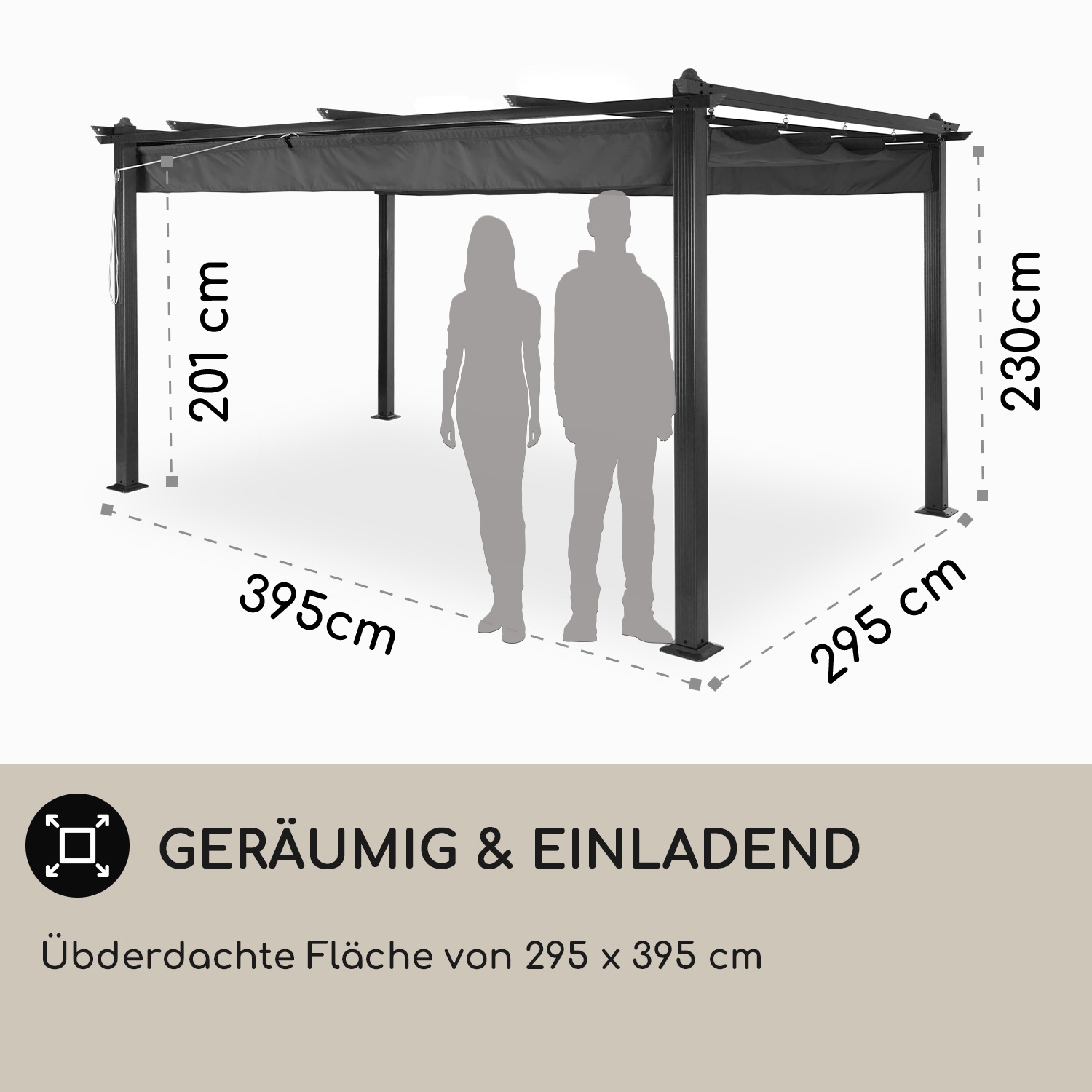 Una pergola nera con dimensioni e testo 'Spazioso e invitante' e 'Area coperta'.