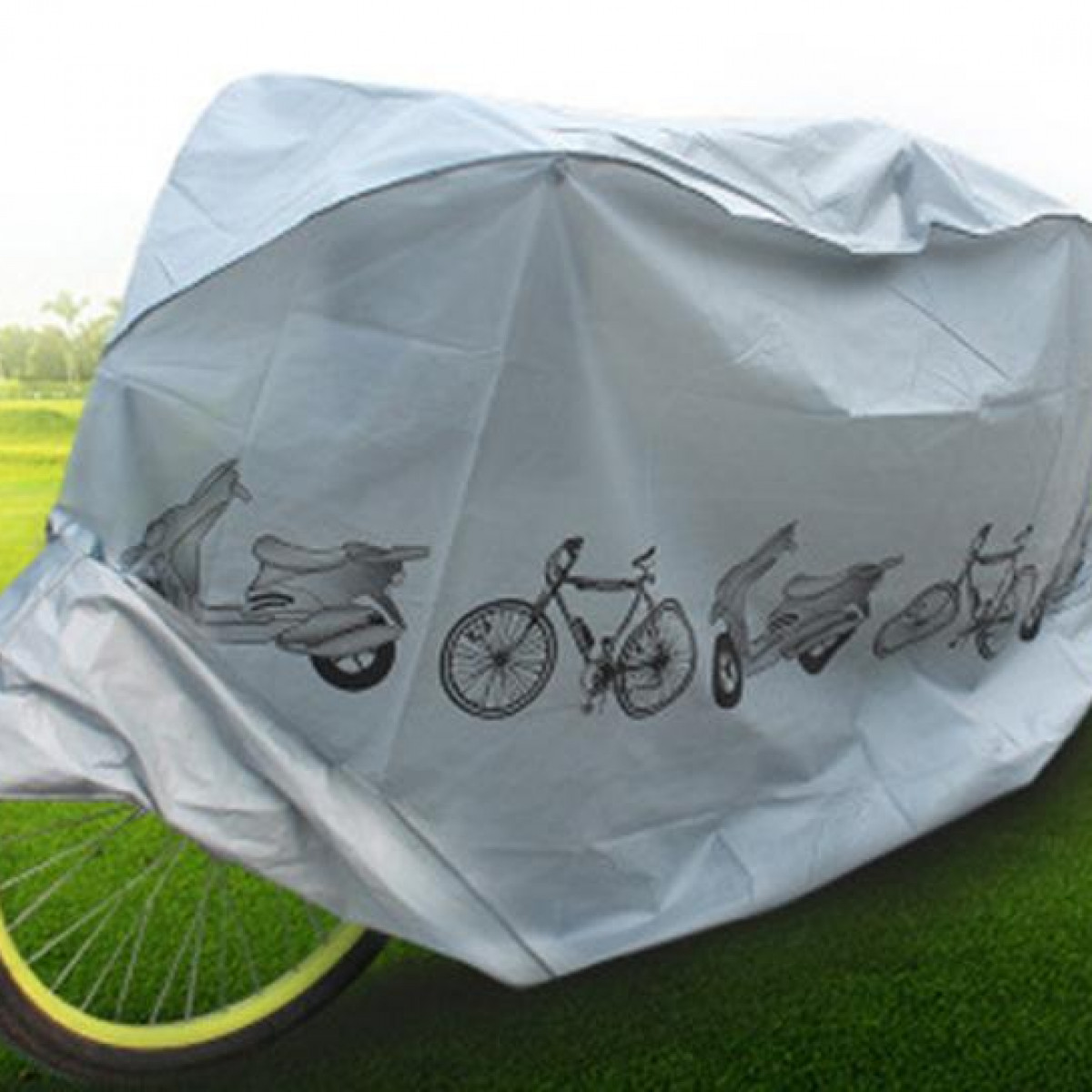 Graue Fahrradabdeckung mit Fahrzeugillustrationen.