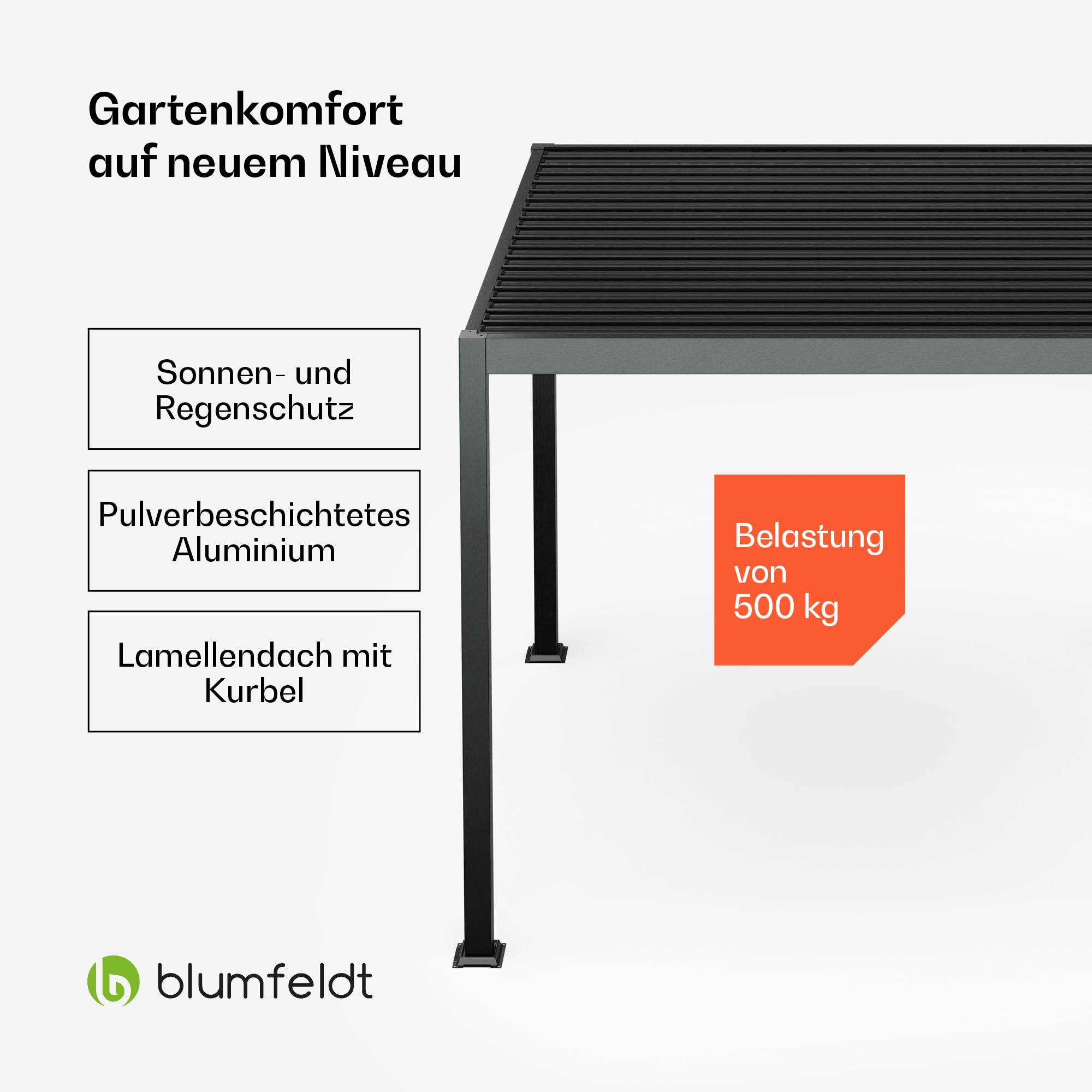 Eine schwarze und silberne Pergola mit Text. Sie hat eine Tragfähigkeit von 500 kg.
