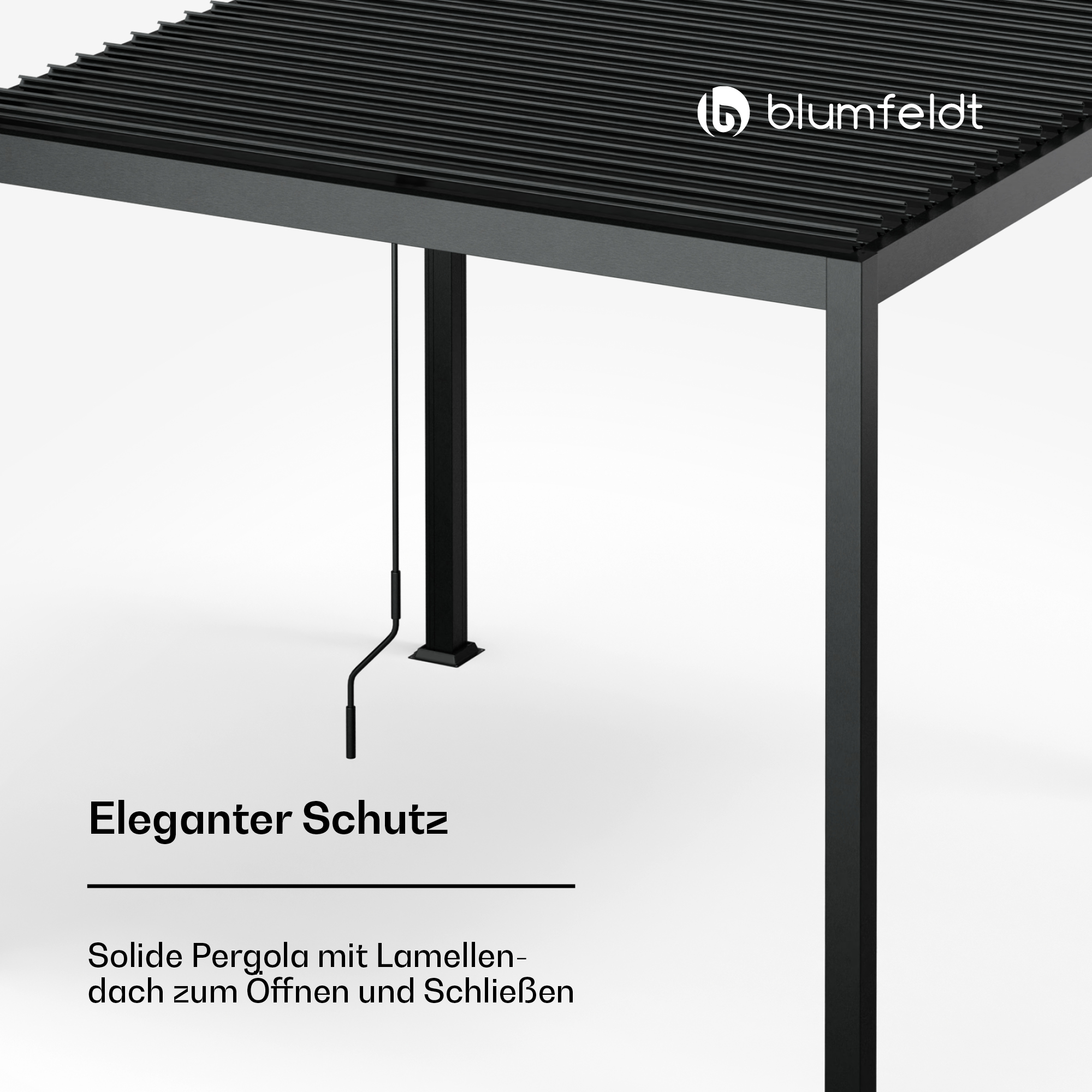 Schwarzes Pergola-Dach mit dem blumfeldt-Logo. Text sagt: Eleganter Schutz.
