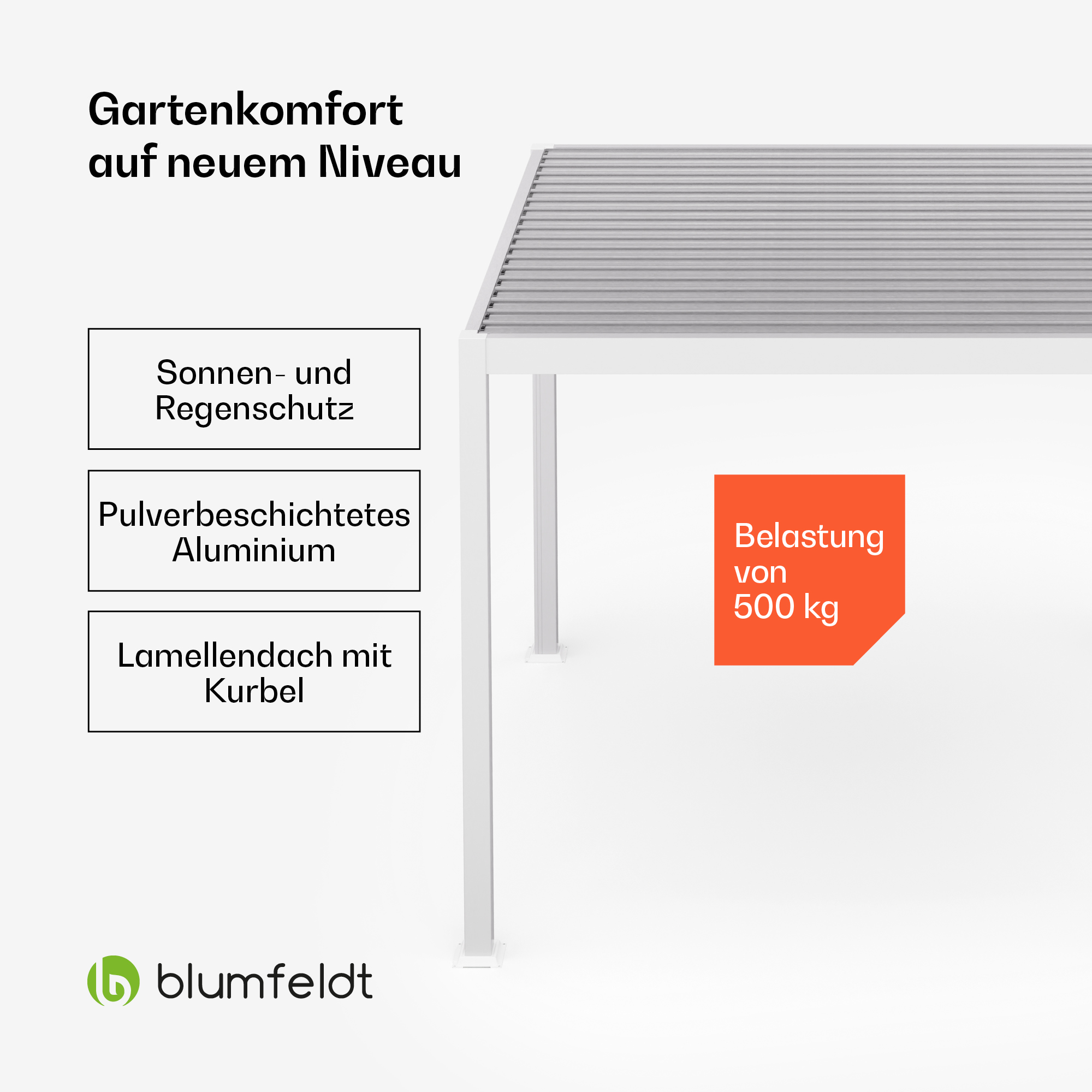 Eine weiße Pergola mit Text und einem roten Aufkleber. Text enthält 'Sonnen- und Regenschutz' und 'Belastung von 500 kg'.