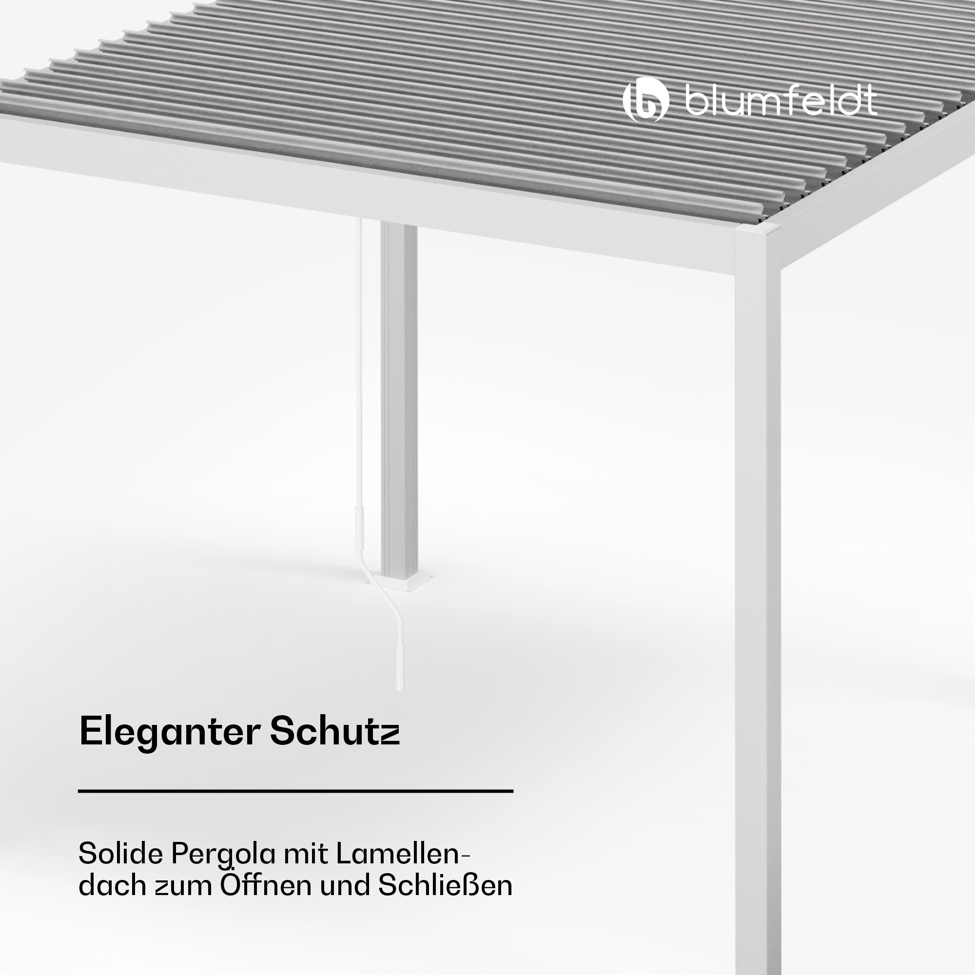 Eine weiße Pergola mit Lamellendach und Text 'Eleganter Schutz' auf weißem Hintergrund.