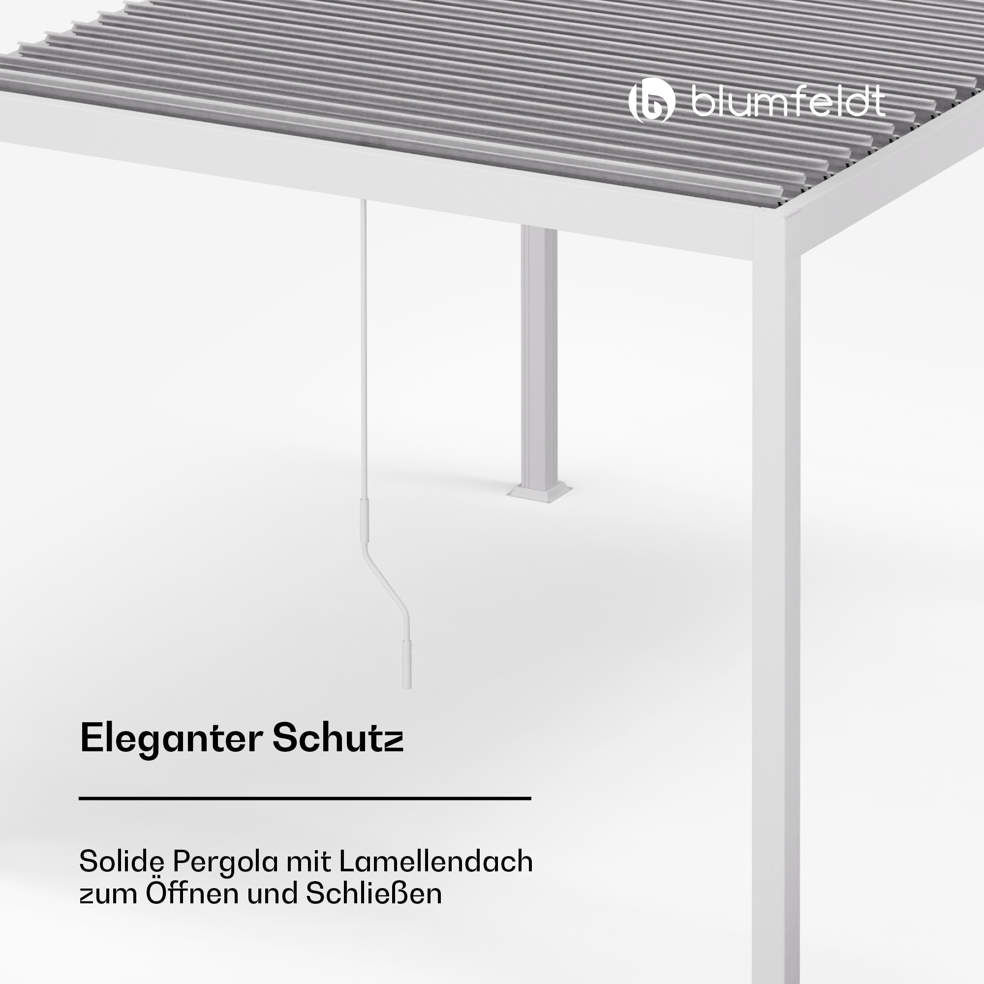 Weiße Pergola mit grauem Lamellendach. Das Logo 'blumfeldt' ist sichtbar. Text lautet 'Eleganter Schutz'.
