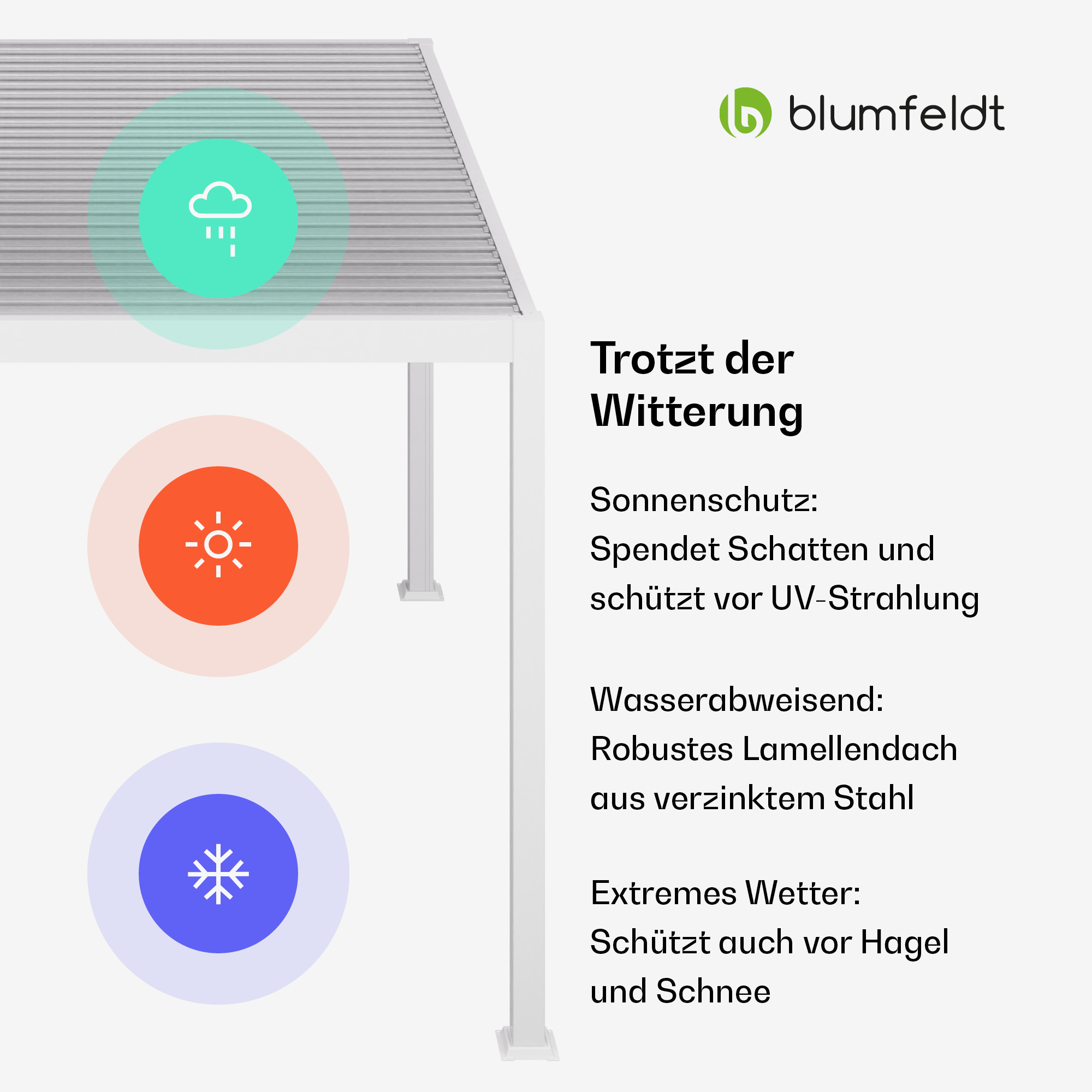 Weißer und grauer Text auf weißem Hintergrund, Beschreibung des Wetterschutzes.