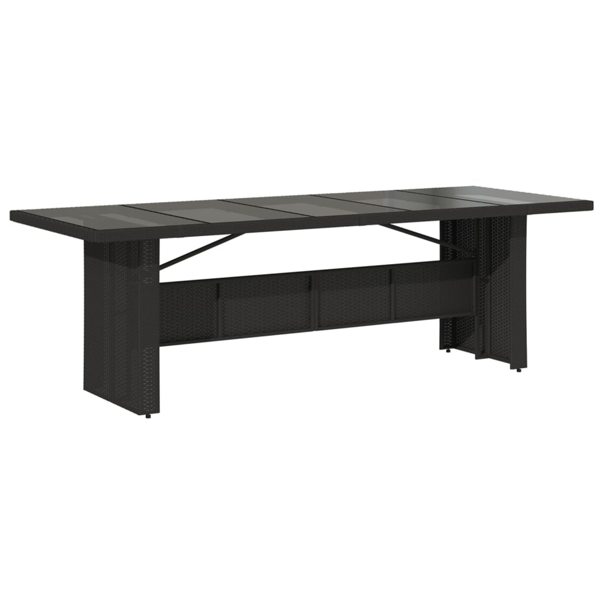 Tavolo da pranzo nero da esterno con piano in vetro. Base in vimini nero. Sfondo bianco.