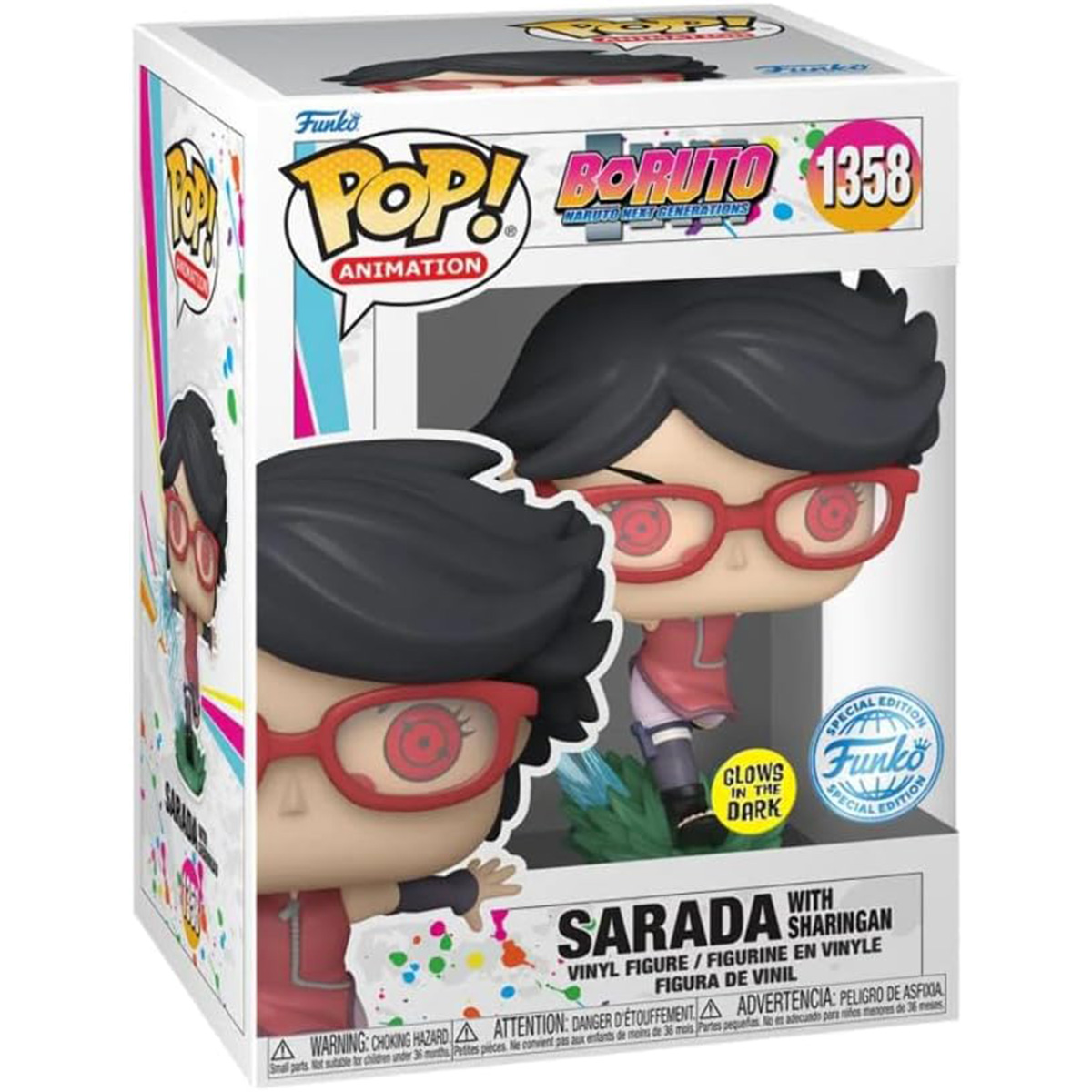 Figura Funko Pop de una mujer con gafas rojas, en una caja, con las palabras 'Sarada with Sharingan' en exhibición.