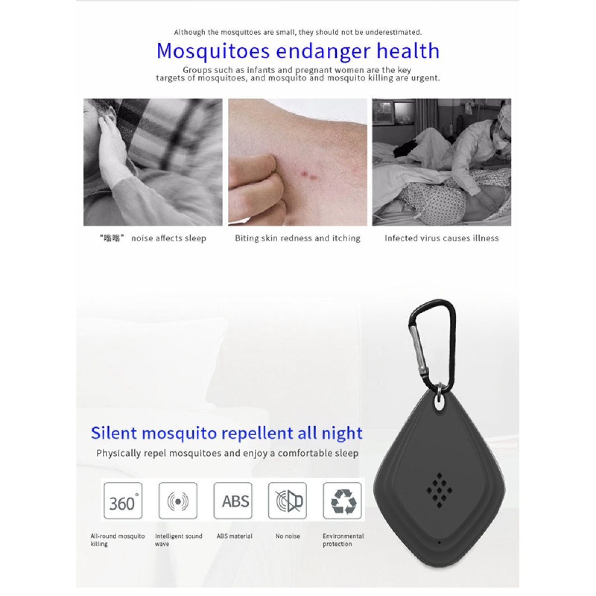 Imágenes que muestran picaduras de mosquitos, alteración del sueño y enfermedad. Se muestra un repelente de mosquitos negro.