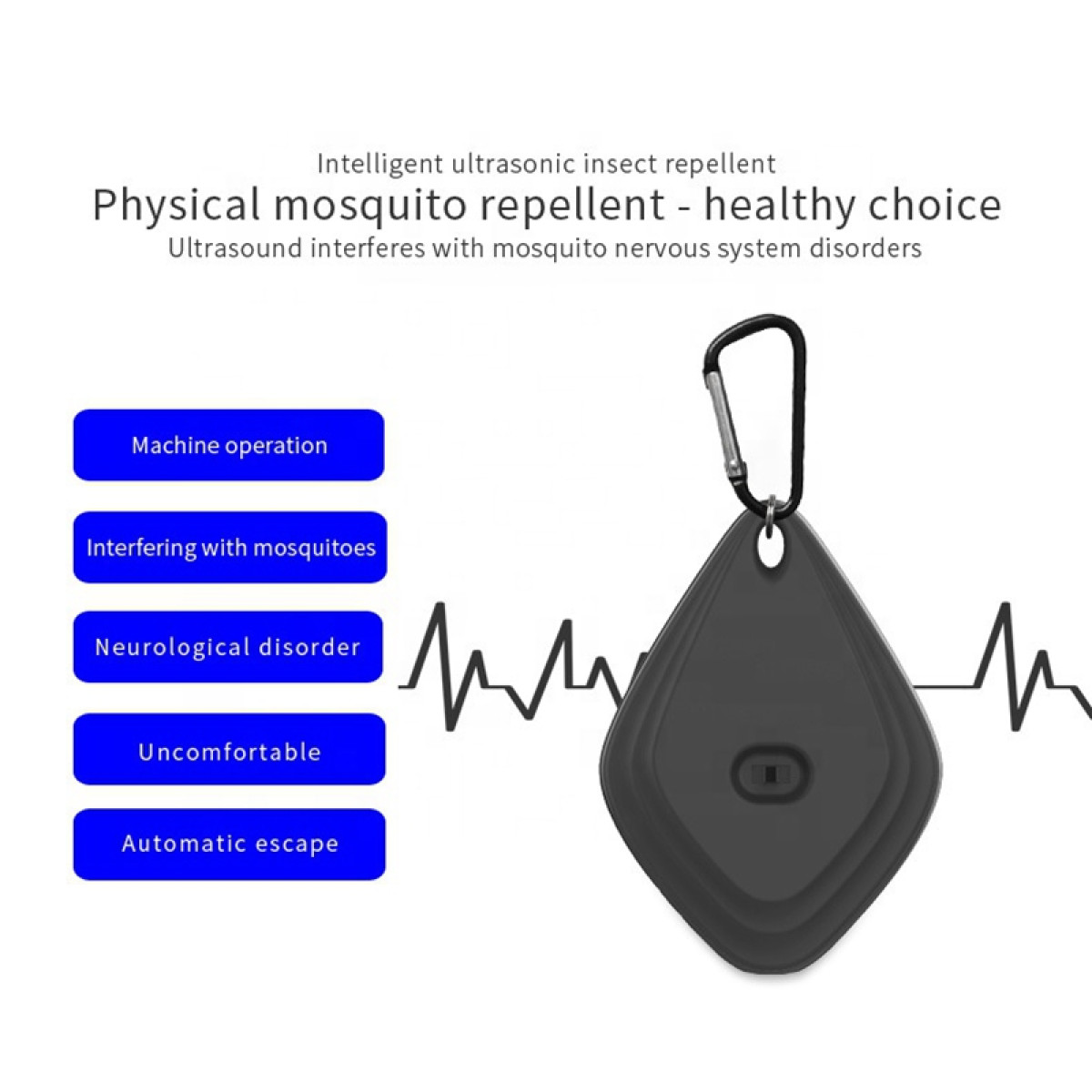 Dispositivo repelente de mosquitos negro con llavero y texto descriptivo.