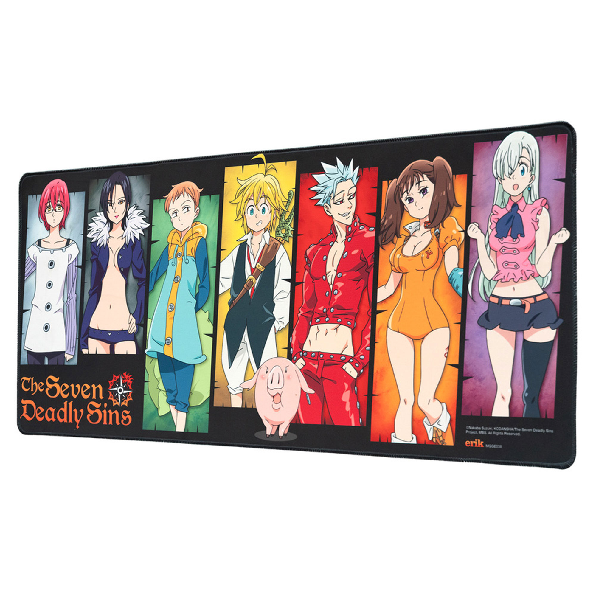 Mauspad mit Anime-Charakteren aus The Seven Deadly Sins. Schwarzer Rand. Weißer Hintergrund.