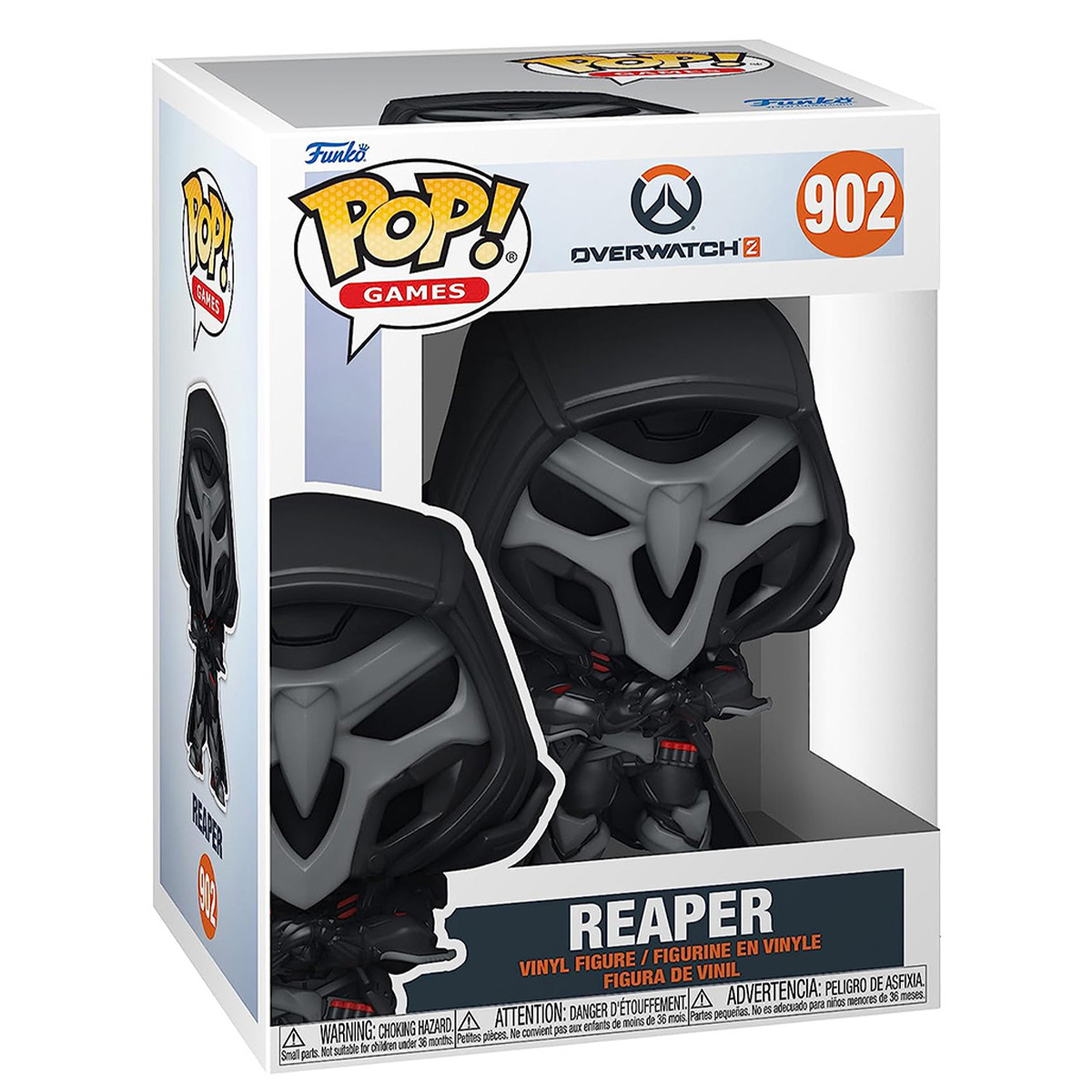 Una scatola Funko Pop con il personaggio Reaper di Overwatch 2. È una figura in bianco e nero.