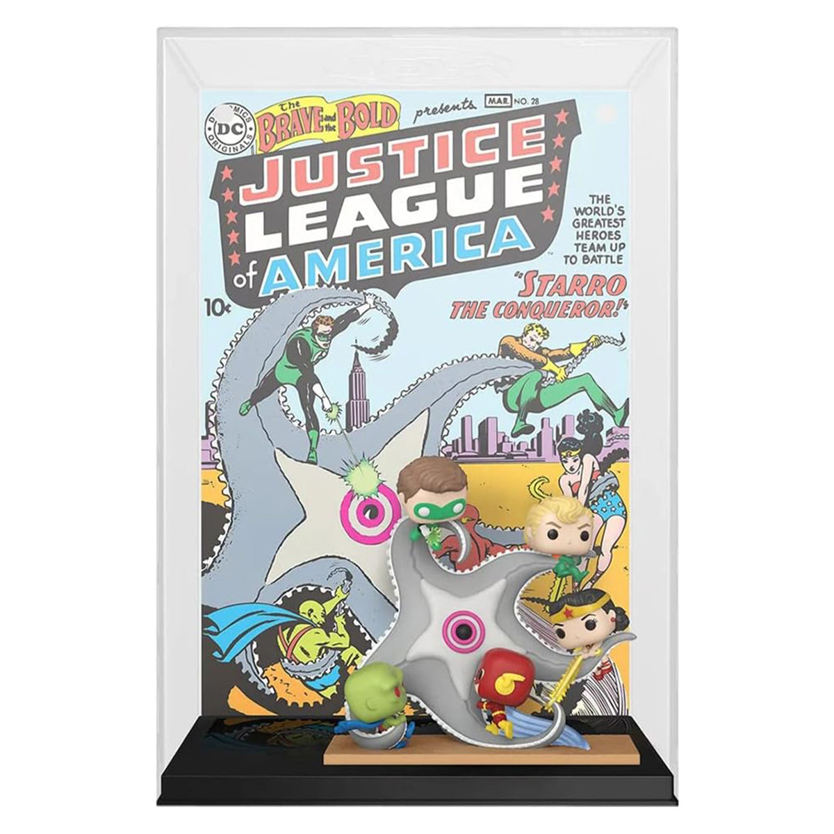 Ein Comic-Cover, das in einer durchsichtigen Vitrine mit Pop-Figuren von Comic-Charakteren ausgestellt wird.