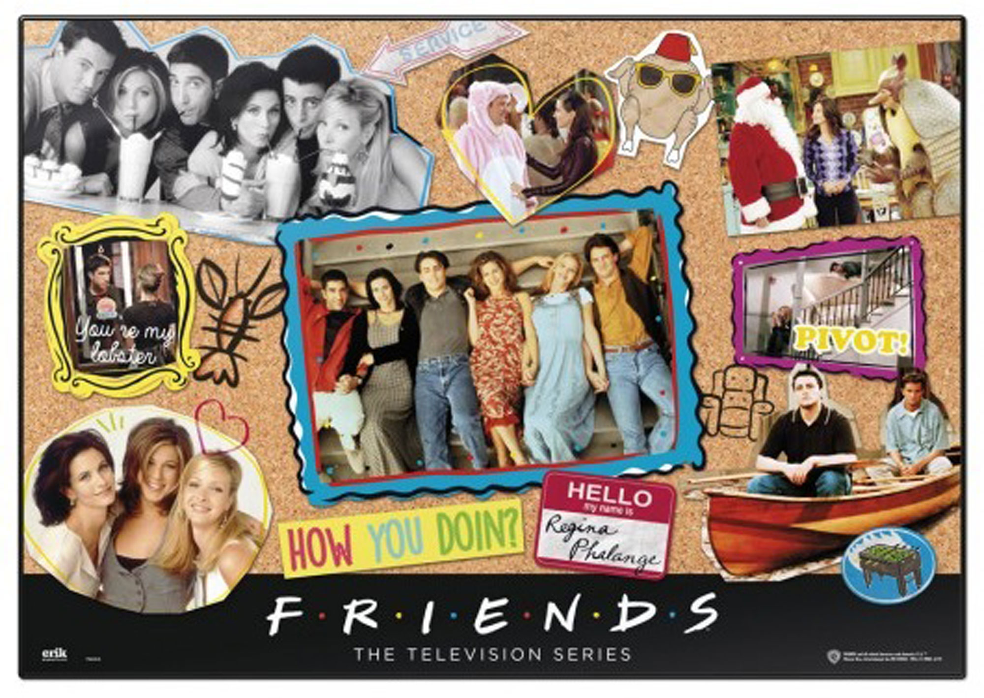 Eine Collage von Bildern der Fernsehserie 'Friends', einschließlich Charaktere, Szenen und Logo.