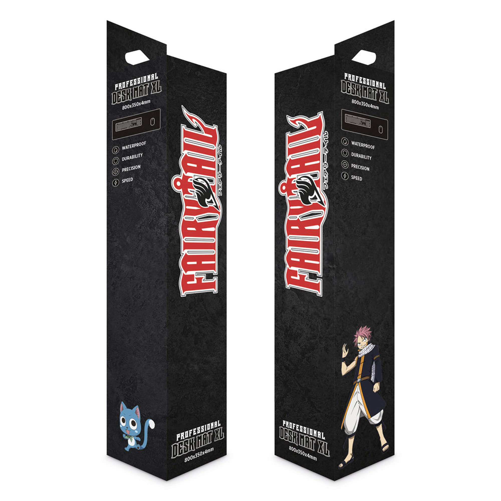 Zwei schwarze Kartons mit Fairy Tail-Mauspads. Jeder hat eine Charakterillustration.