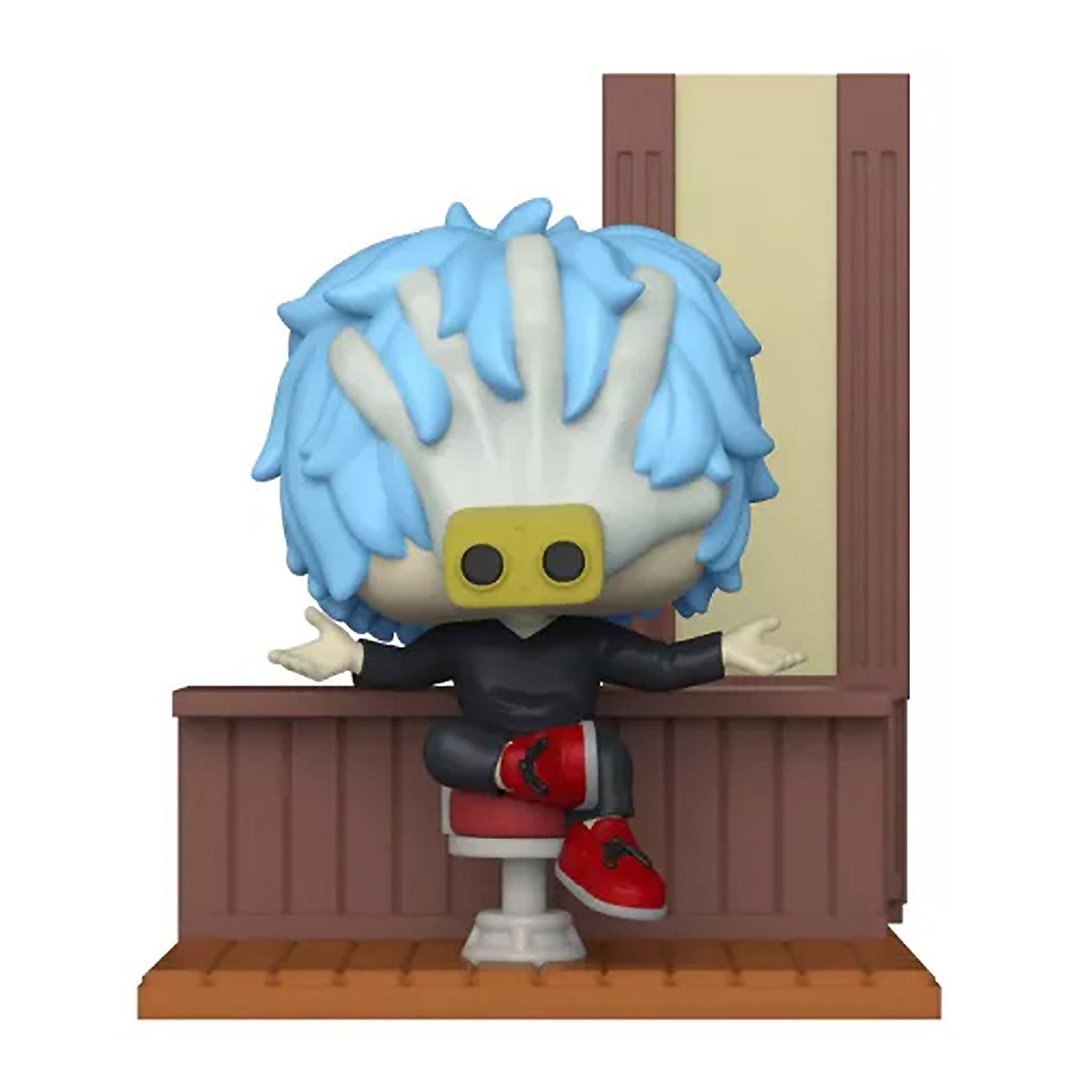 Eine Figur einer Zeichentrickfigur in schwarzem Outfit und blauen Haaren sitzt auf einem Hocker.