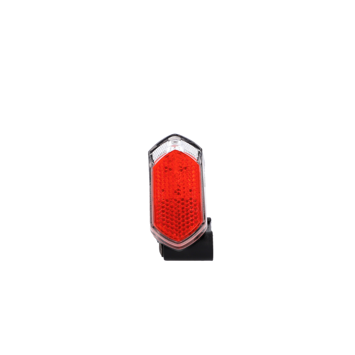 Ein roter Fahrradreflektor mit schwarzem Sockel.