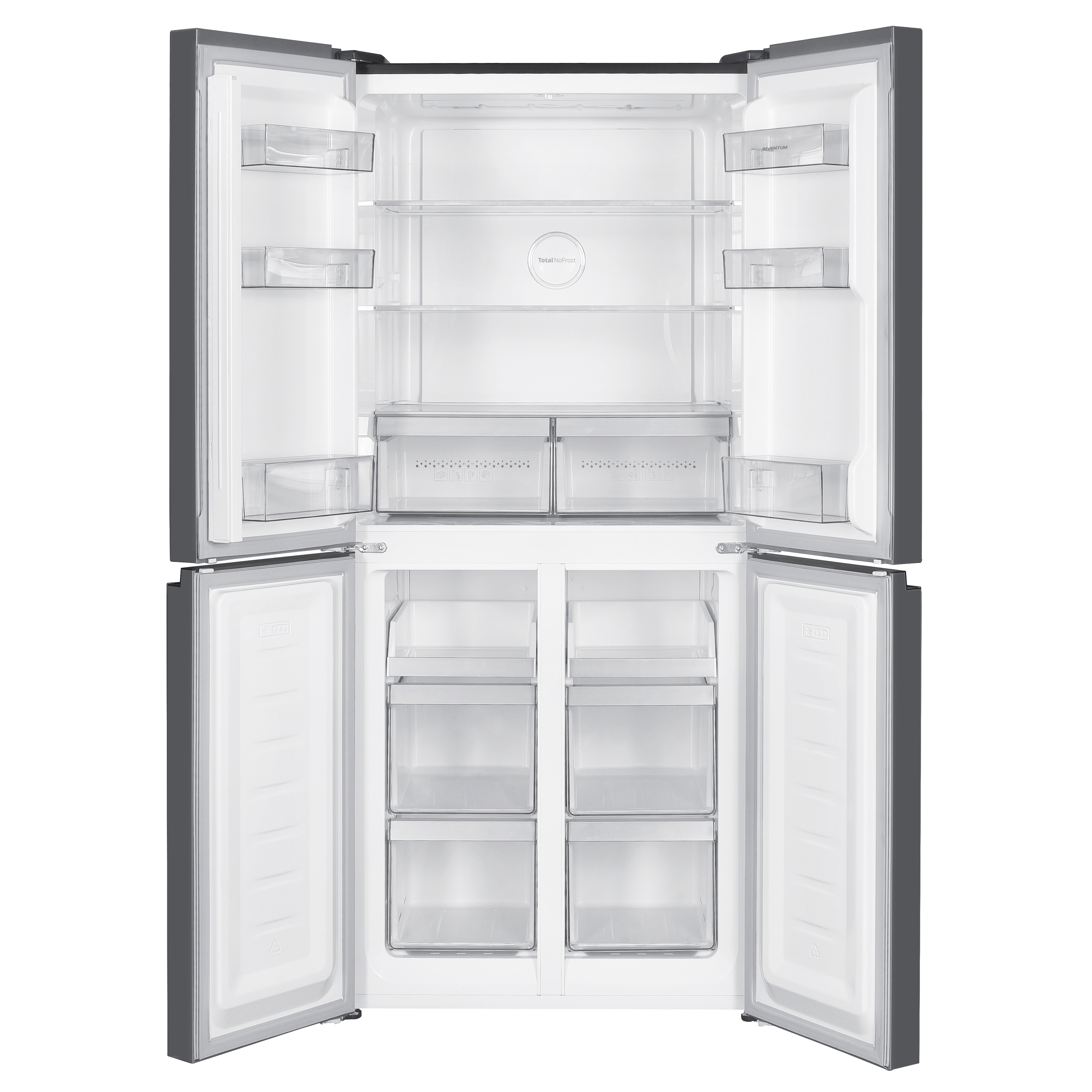 Open, empty, four-door refrigerator with shelves and drawers, white interior.