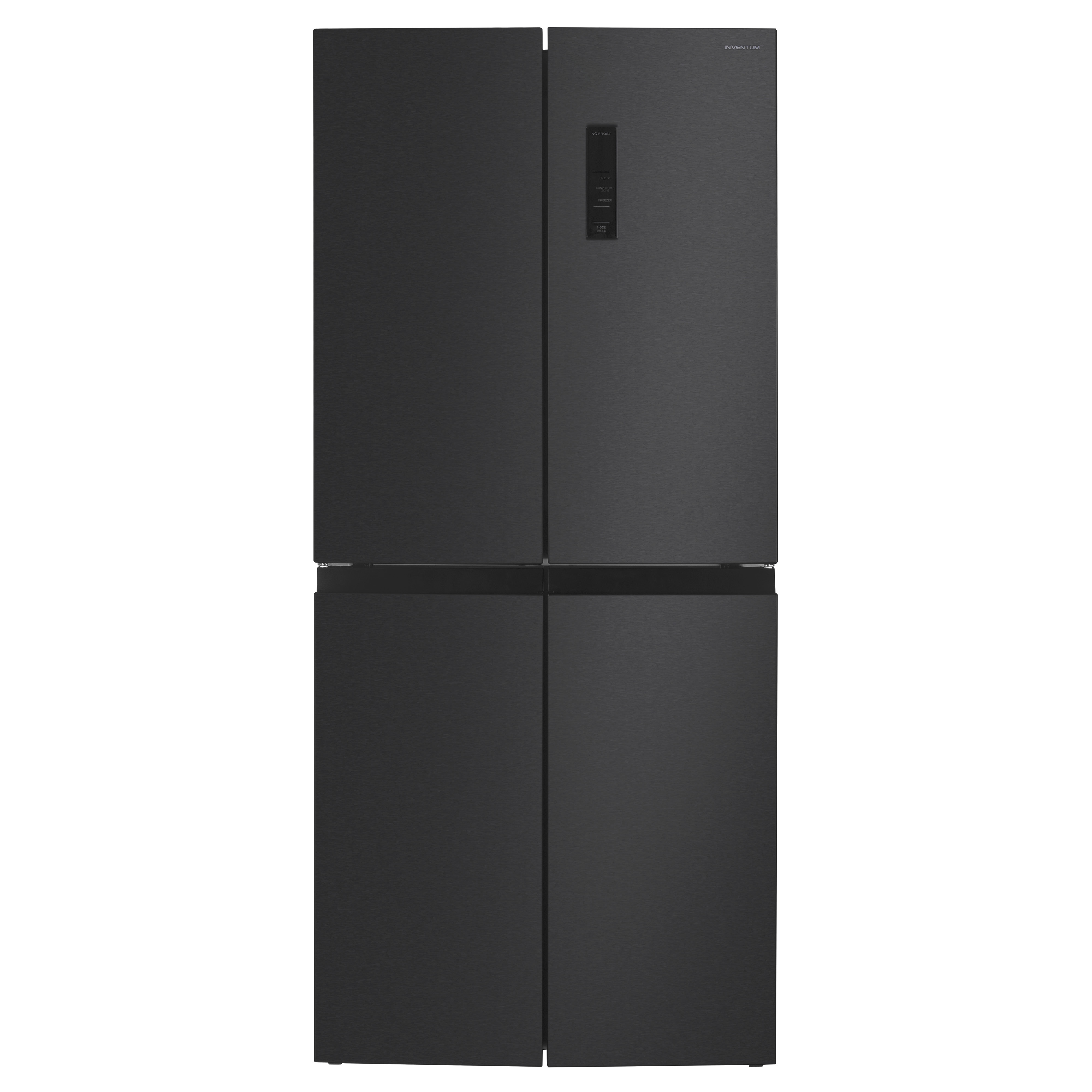 A black refrigerator with four doors is shown.