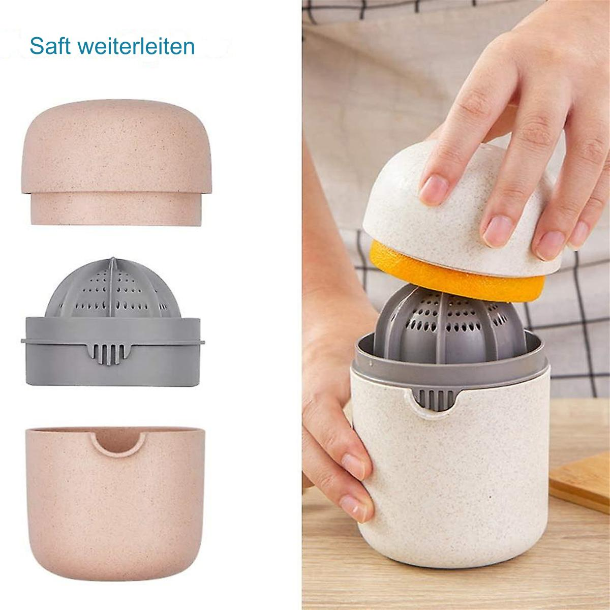 Eine zerlegte Saftpresse. Die Teile sind beige und grau. Der Hintergrund ist weiß.