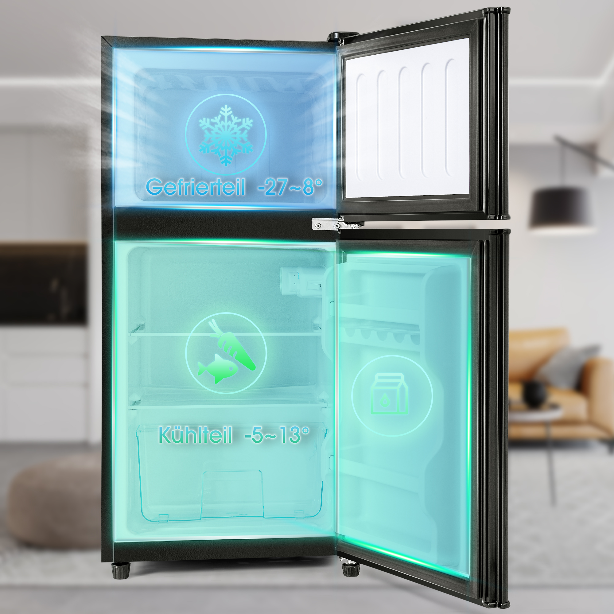 Ein geöffneter Kühlschrank mit Gefrier- und Kühlbereich. Die Temperatur wird in Celsius angegeben.