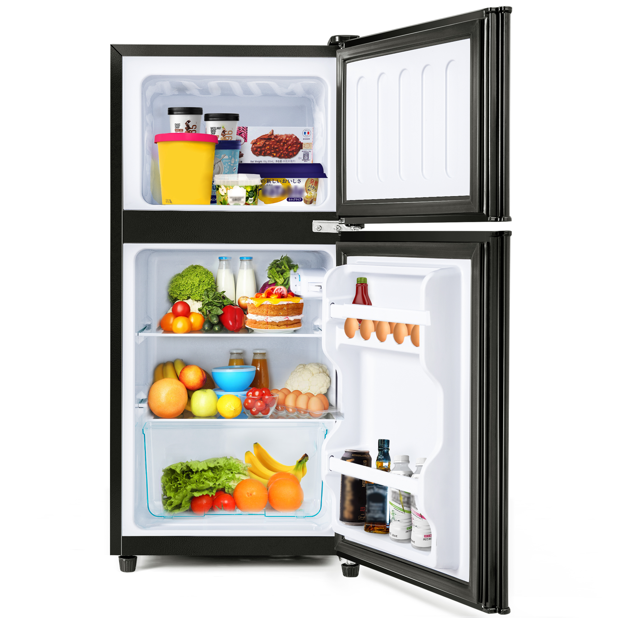 Kühlschrank mit offenen Türen, zeigt Lebensmittel im Inneren. Schwarze Außenseite.