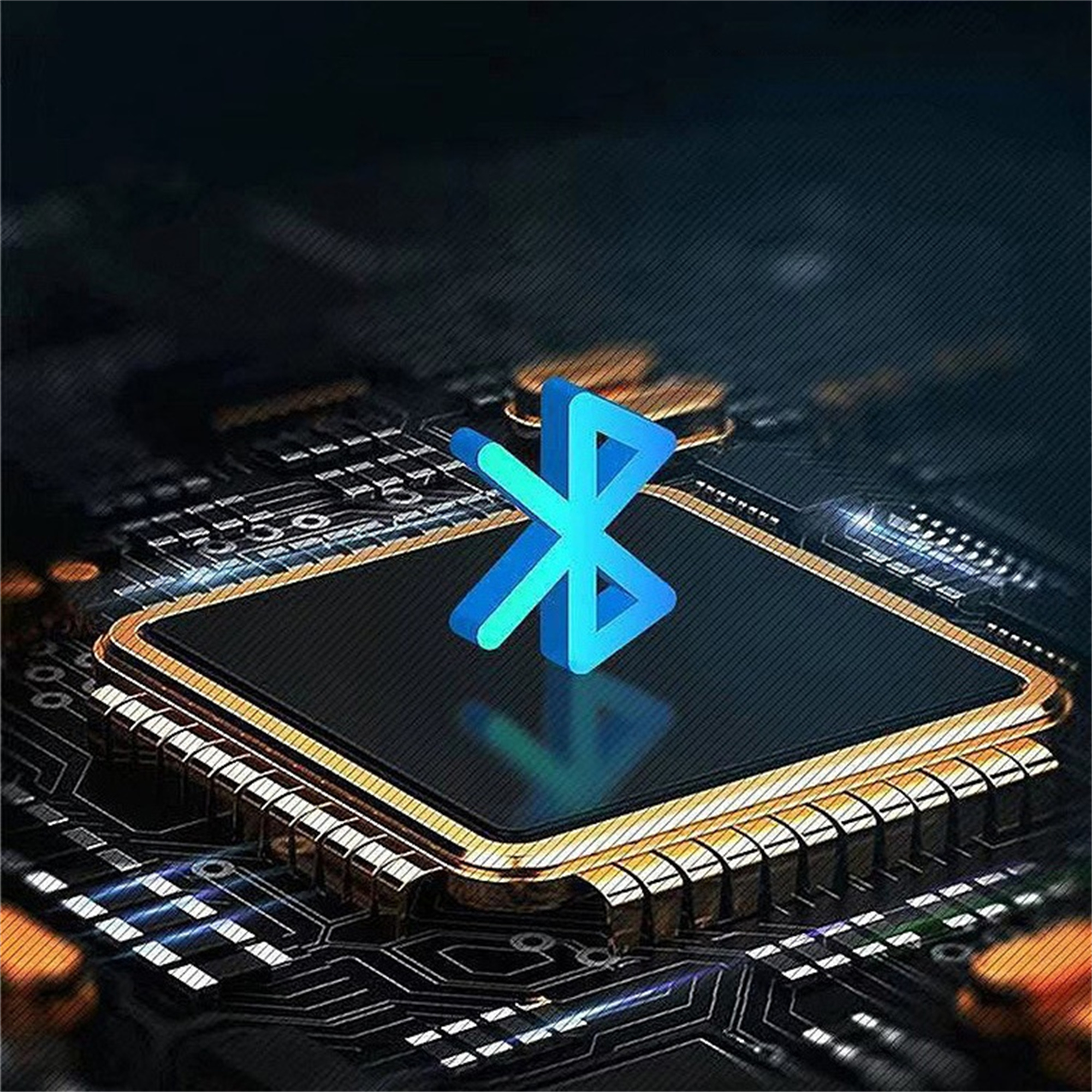 Blaues Bluetooth-Symbol auf einer Platine, goldfarbene Details.