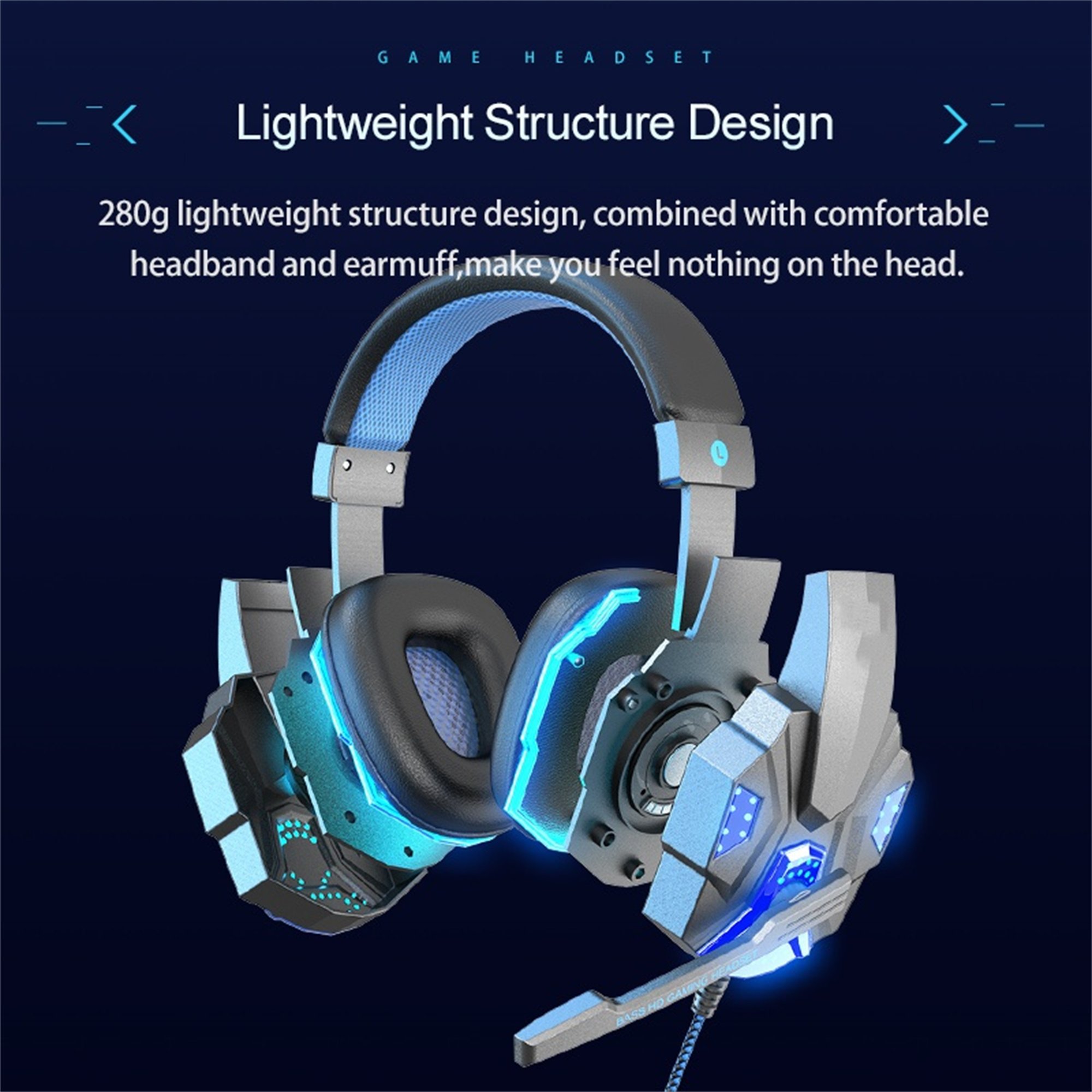 Ein Gaming-Headset mit blauen Lichtern, schwarzen Ohrmuscheln und Mikrofon, auf dunklem Hintergrund.