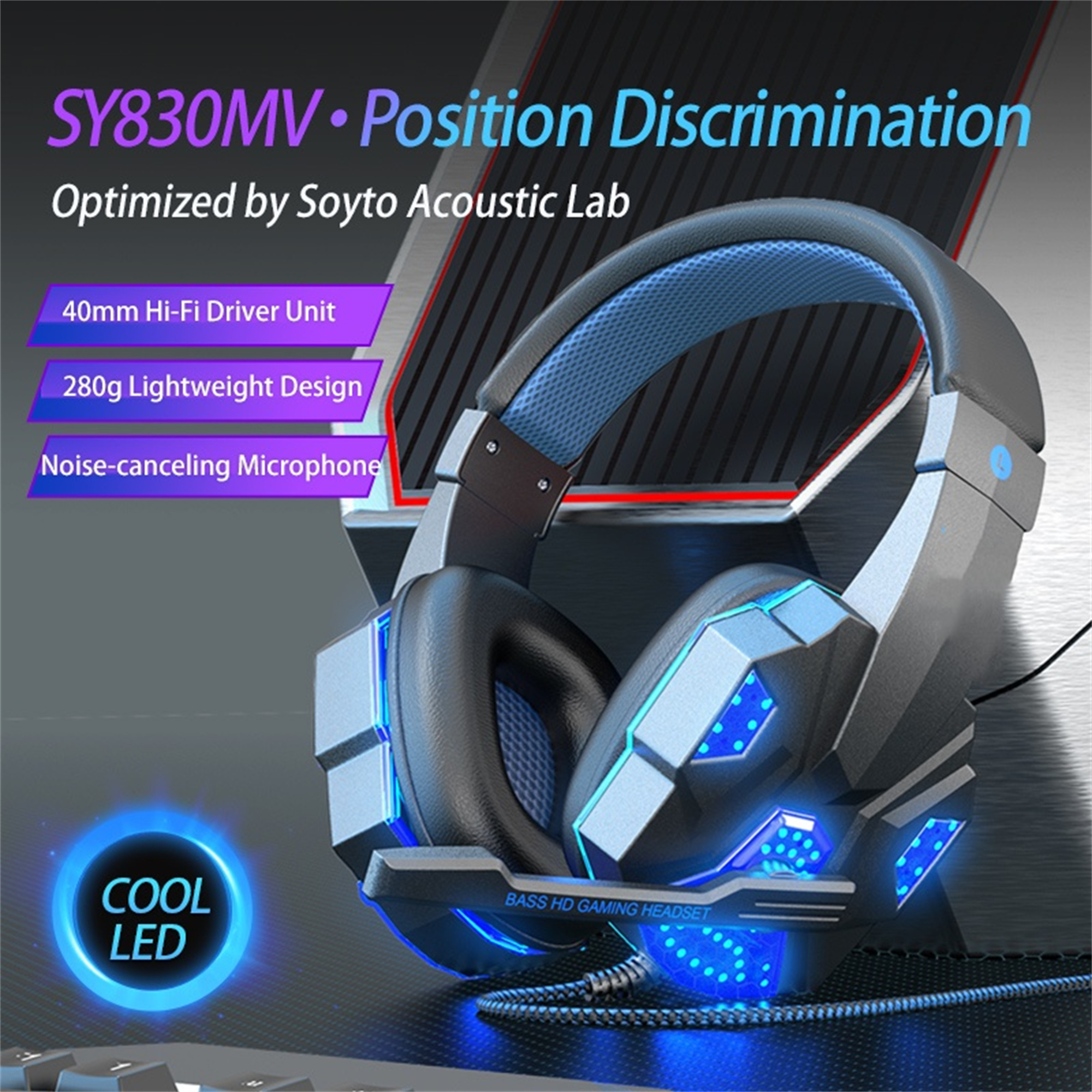 Ein Gaming-Headset mit blauen LED-Lichtern, mit Text über Design und Funktionen.
