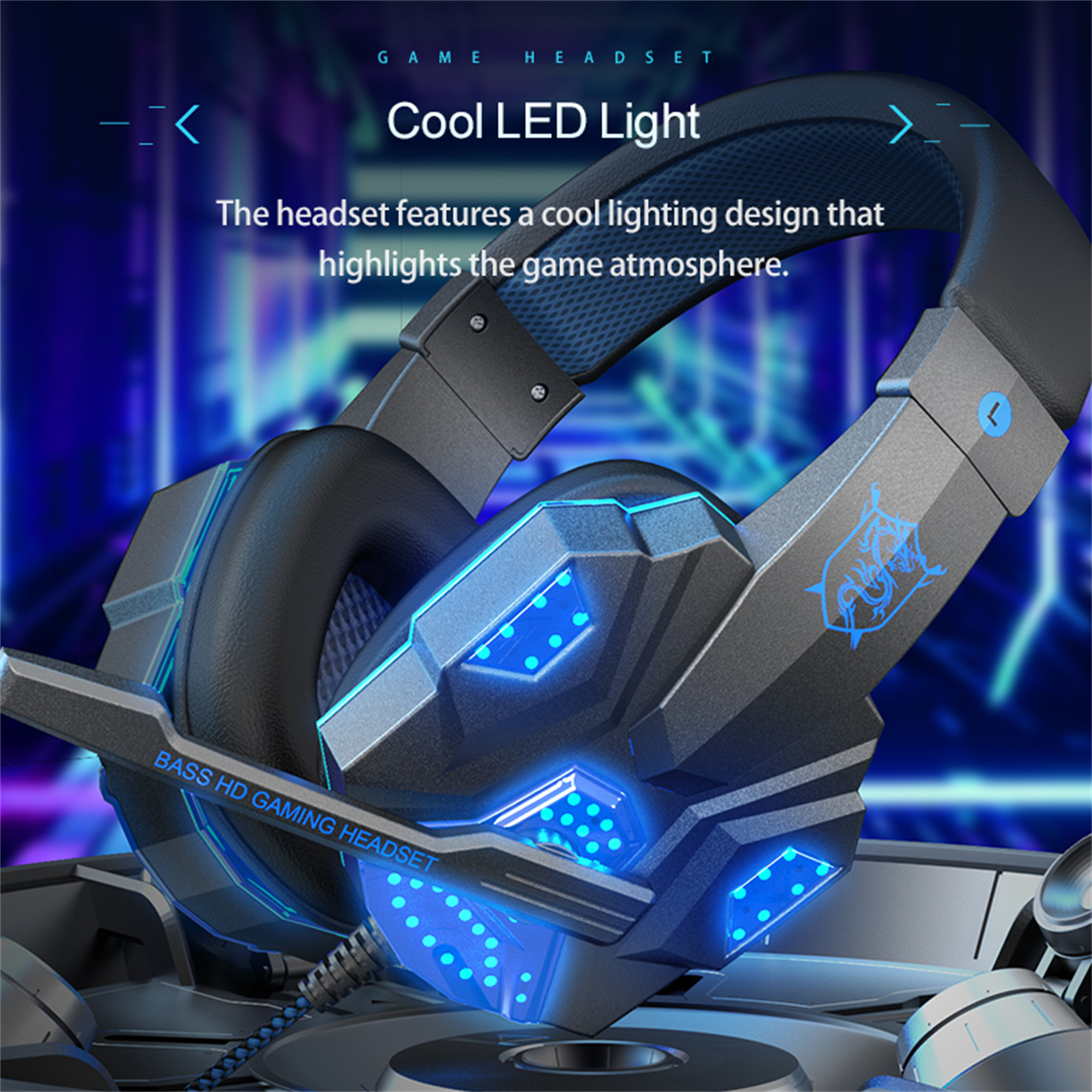 Schwarzes und graues Gaming-Headset mit blauen LED-Leuchten. Text zeigt ein Bass-HD-Gaming-Headset.