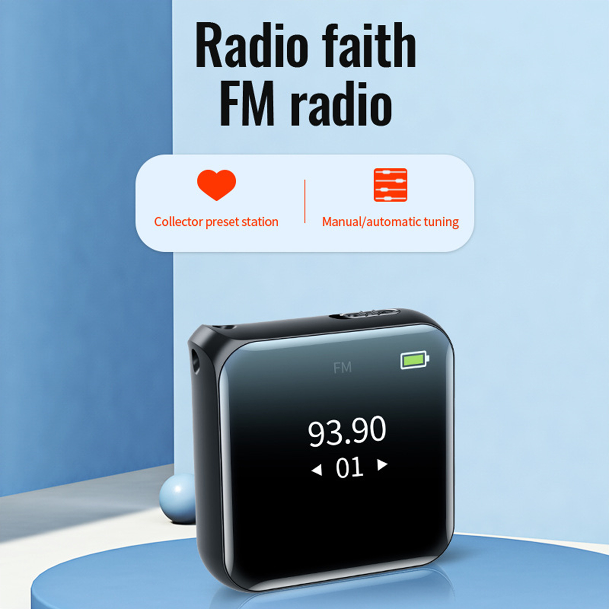 Schwarzes Radio mit Display, das '93.90' anzeigt, ein Batteriesymbol und Text: Radio Faith FM Radio.