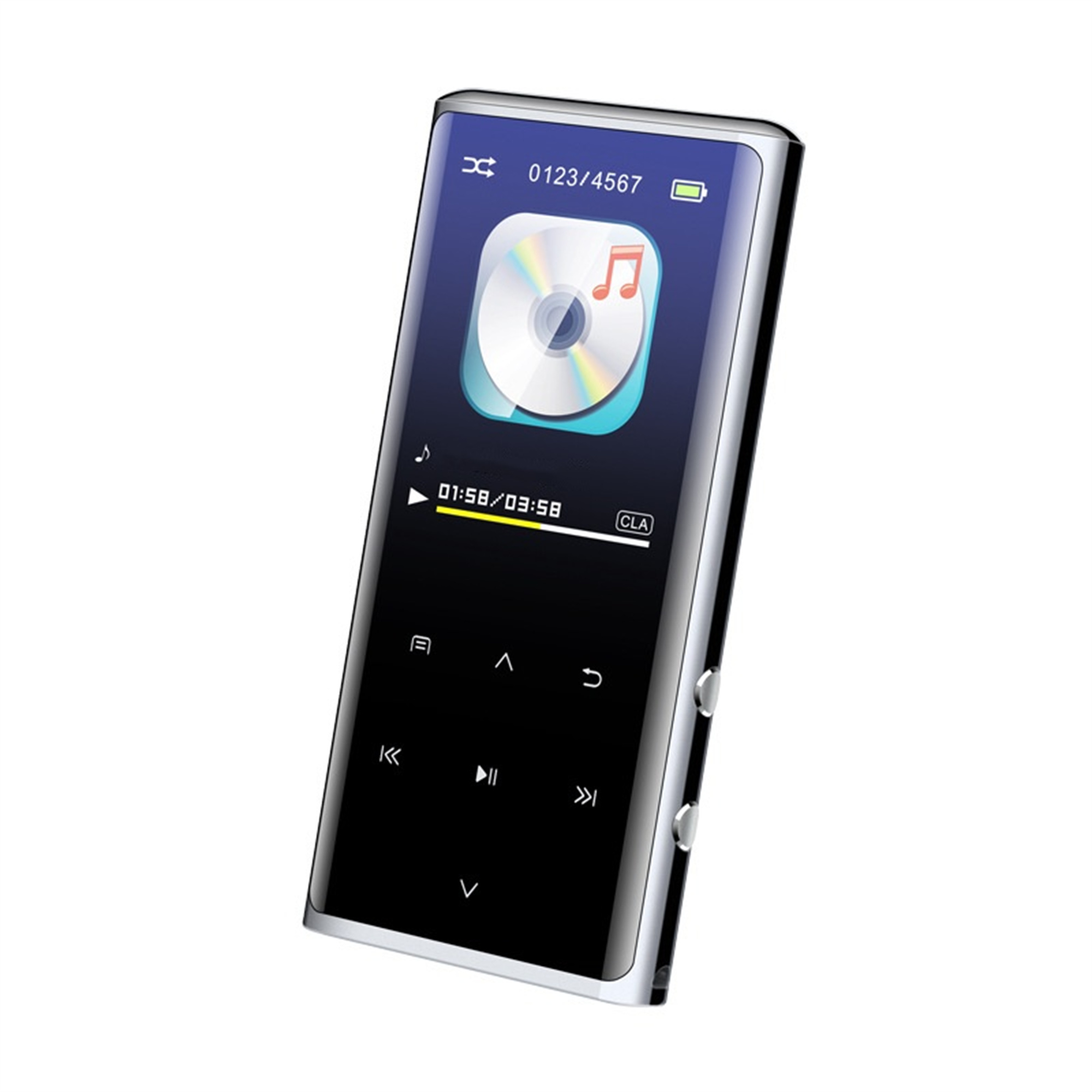 Schwarzer MP3-Player mit Bildschirm, der ein Musiksymbol und Titelinformationen anzeigt. Silberner Rand.