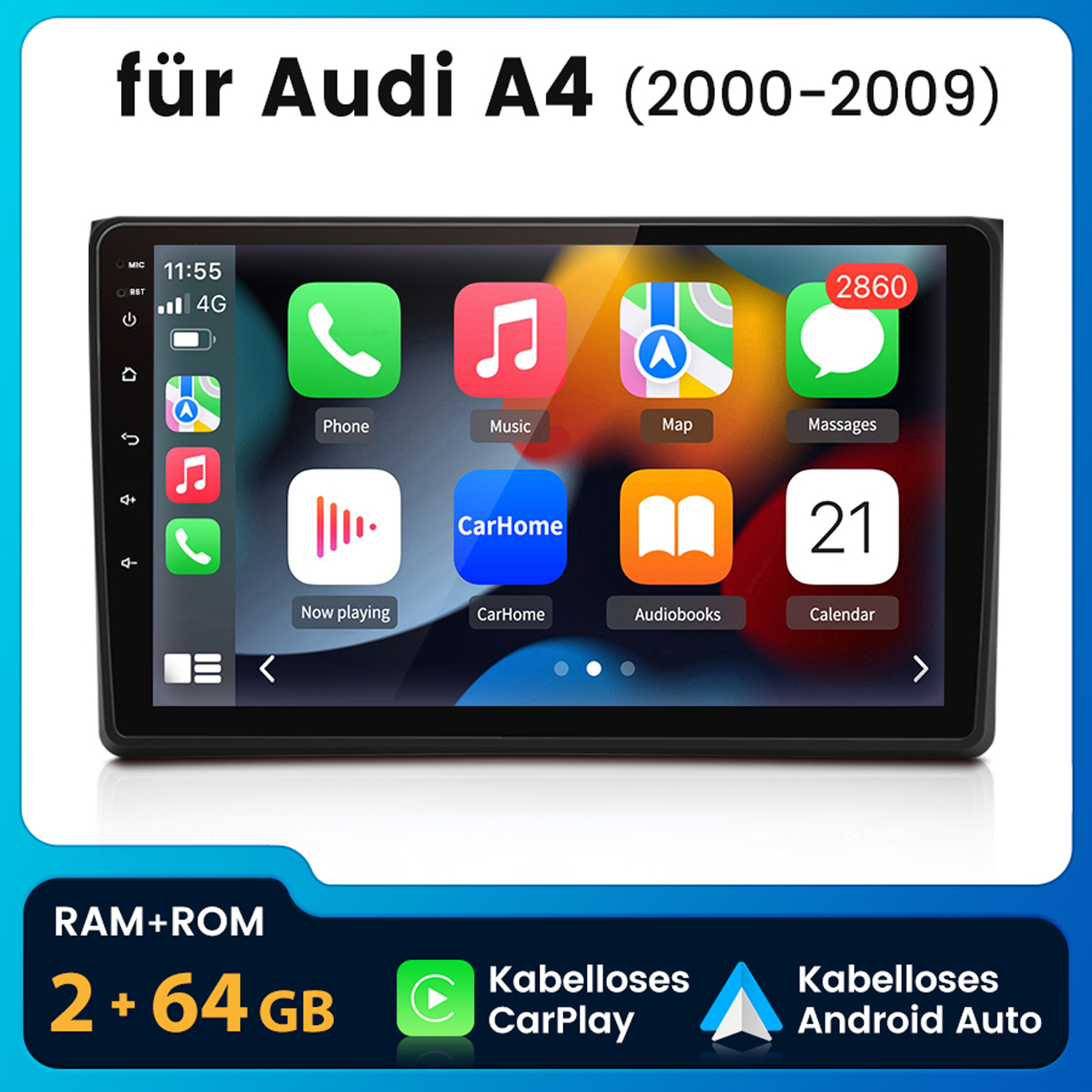 Autoradio mit Touchscreen, zeigt App-Symbole, für Audi A4 (2000-2009).