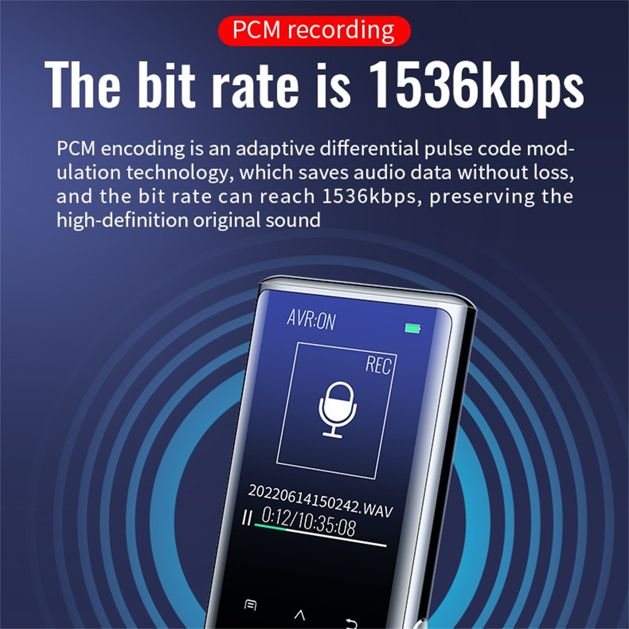 Ein Telefonbildschirm zeigt eine Aufnahmeoberfläche. Bitrate 1536 kbps, Aufnahme im WAV-Format.