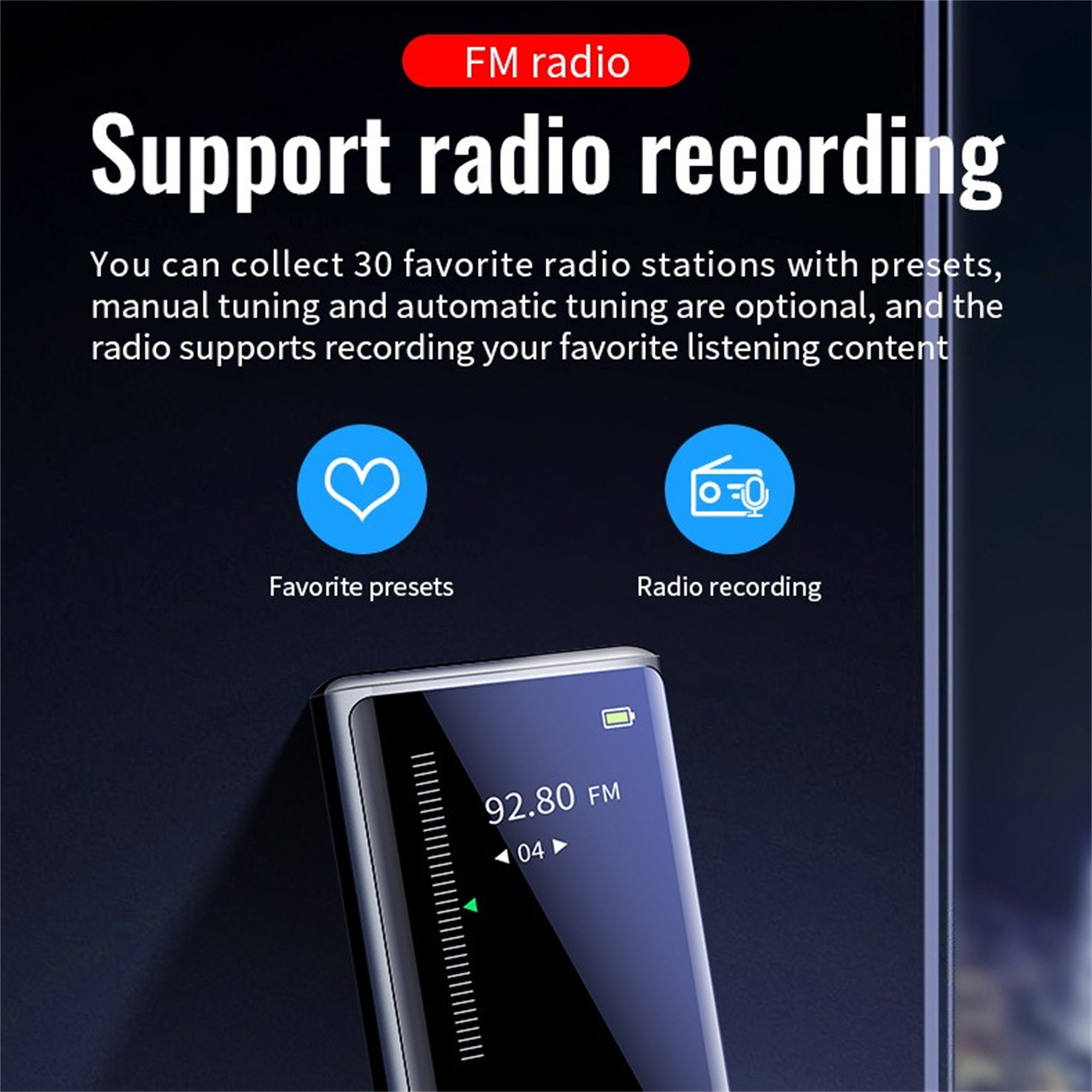 Ein schwarzer MP3-Player mit einem Bildschirm, der 92,80 FM und ein Herzsymbol anzeigt. Es hat Radioaufnahmefunktionen.