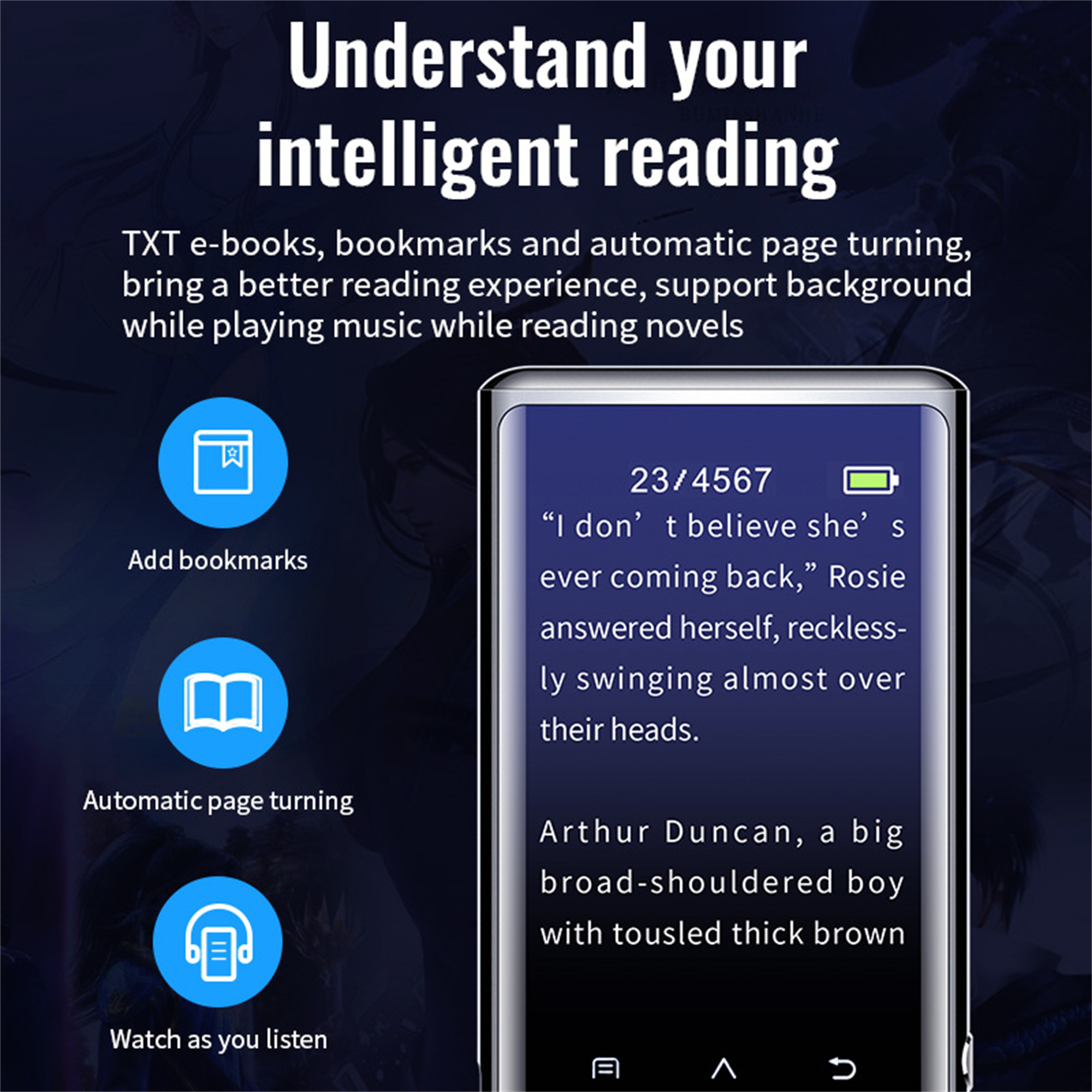 Ein E-Reader mit Text, mit Symbolen für Lesezeichen, Seitenwechsel und Zuhören.