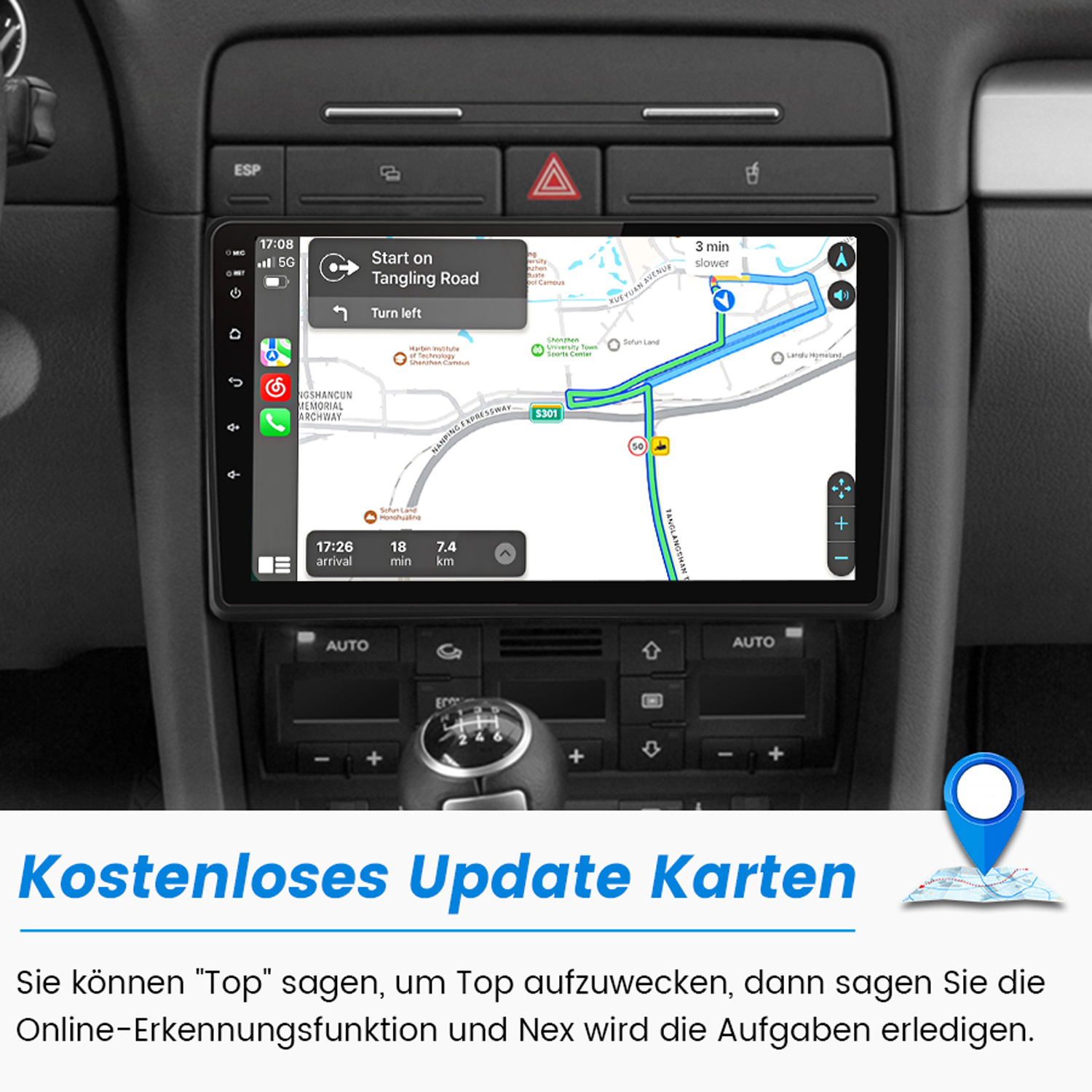 Armaturenbrett mit GPS-Navigationsbildschirm, der eine Route und Wegbeschreibungen anzeigt.