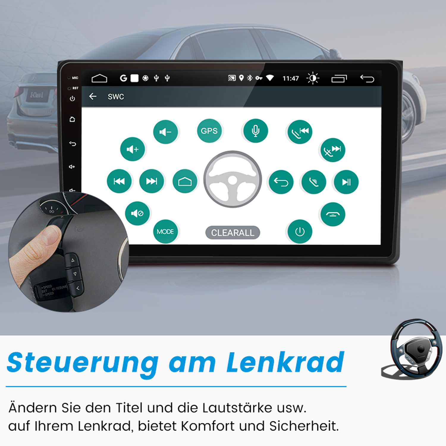 Auto-Navigationsbildschirm mit Lenkradbedienung. Zeigt Symbole und ein Auto im Hintergrund.