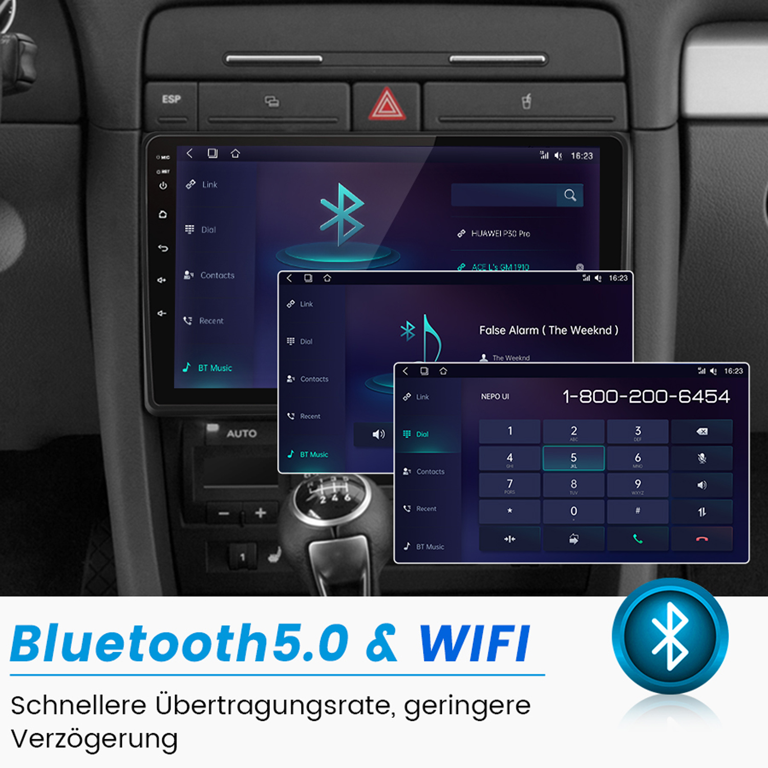 Auto-Infotainment-Bildschirm, der Navigation und Anrufschnittstelle mit Bluetooth- und WLAN-Details anzeigt.