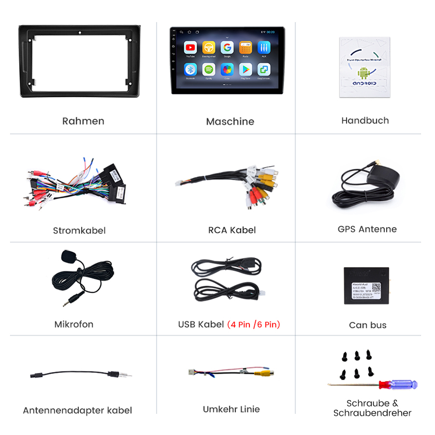 Eine Sammlung von Komponenten für den Einbau von Autoradios, darunter ein Rahmen, ein Bildschirm, Kabel und Werkzeuge.