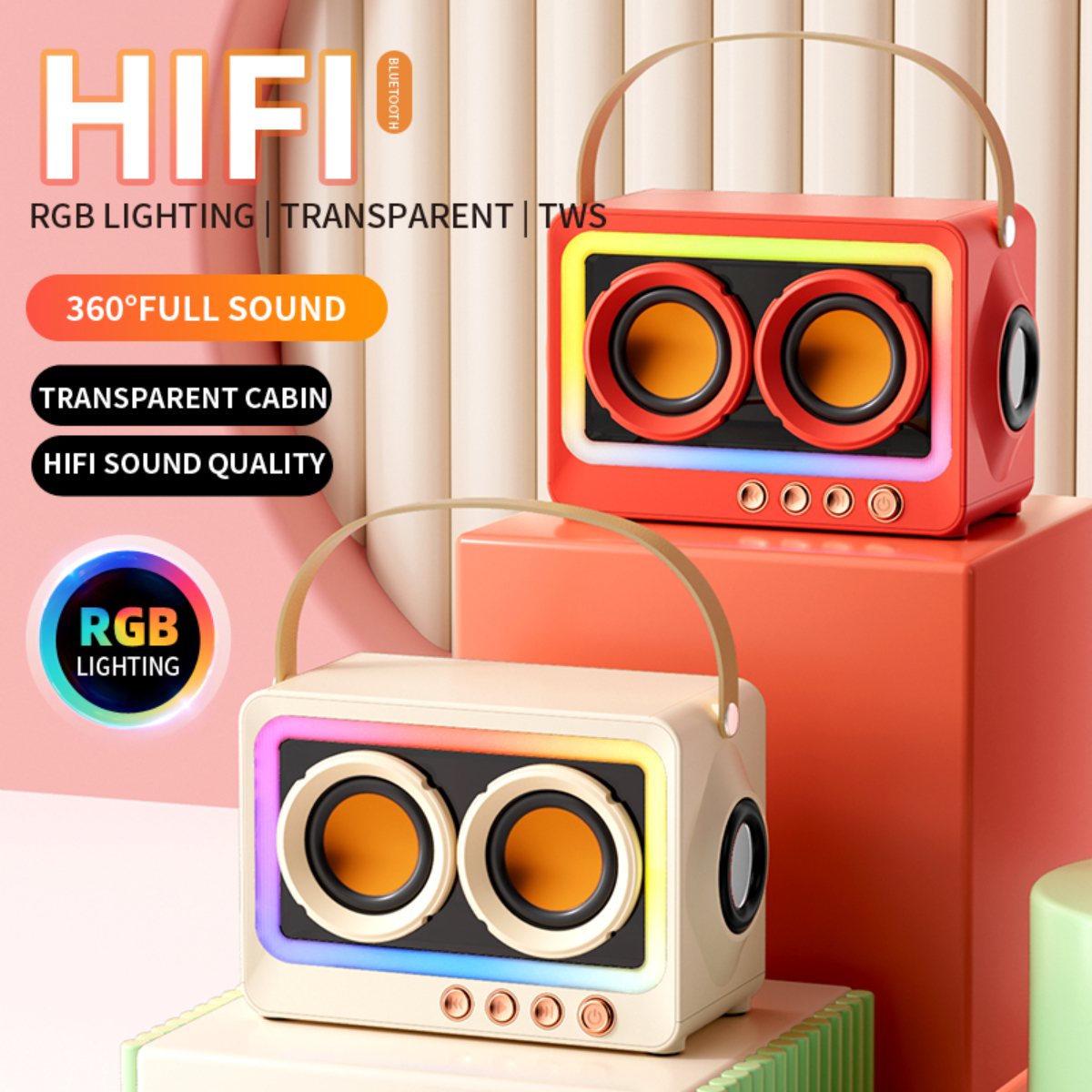Zwei bunte Lautsprecher mit Griffen, rot und beige, mit RGB-Beleuchtung.