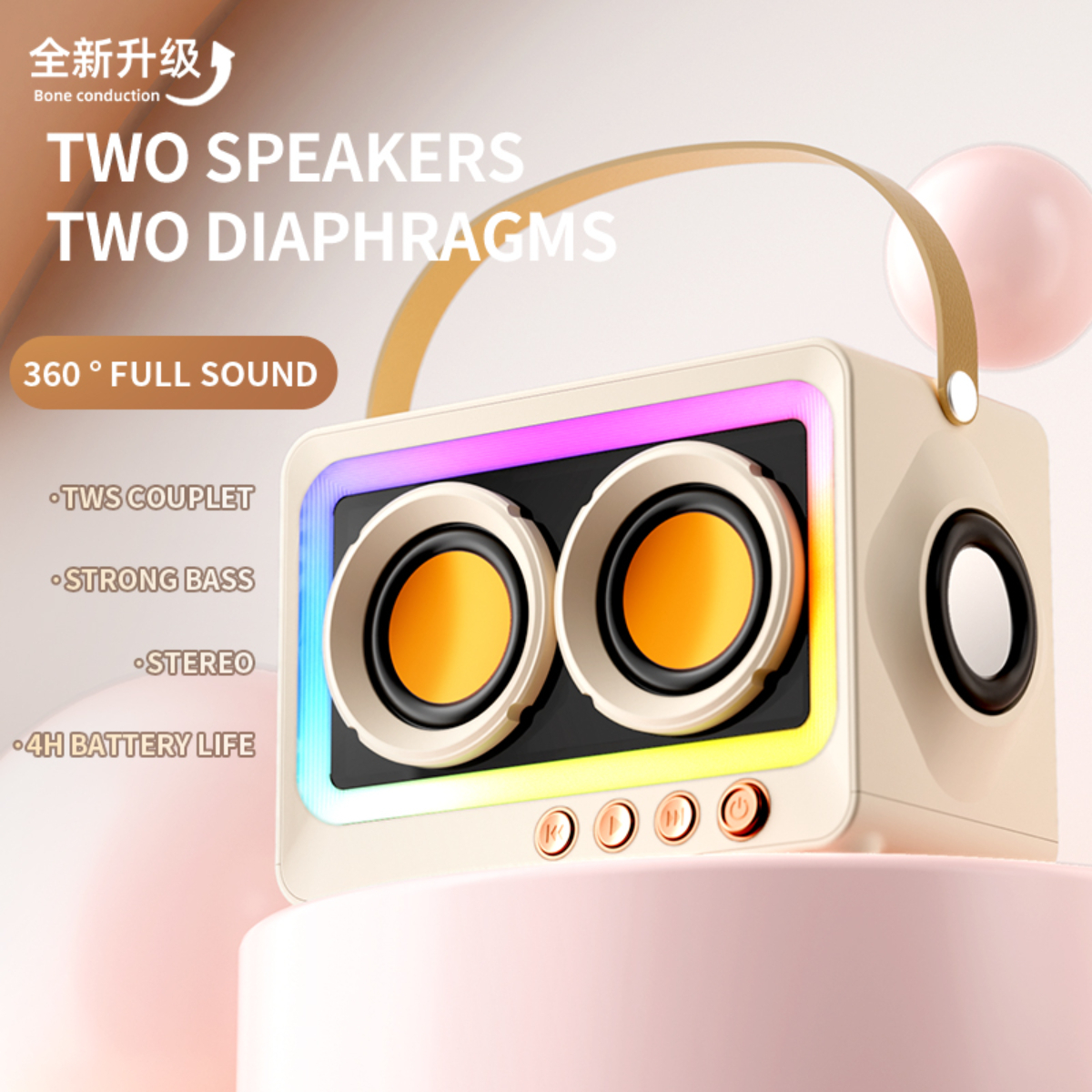 Ein weißer und beiger Lautsprecher mit zwei Lautsprechern und einem Griff. Text: "Two Speakers Two Diaphragms".