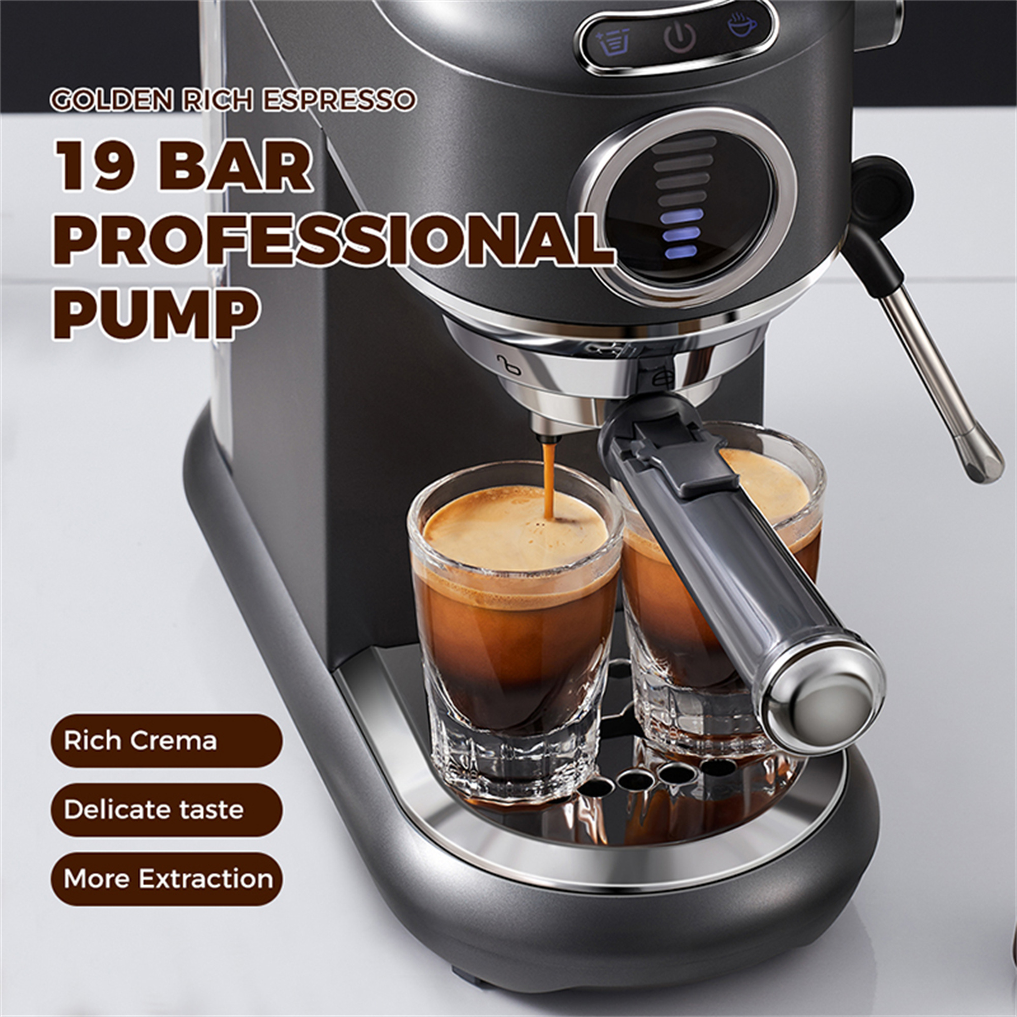 Espressomaschine, die Kaffee in zwei Gläser ausgibt. Dunkelgraue Oberfläche und professionelle Funktionen.