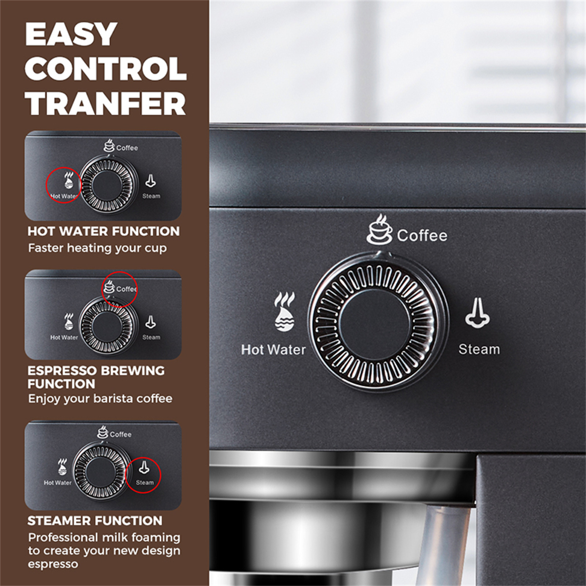 Nahaufnahme des Bedienfelds einer Espressomaschine, die Einstellungen und Funktionen zeigt.