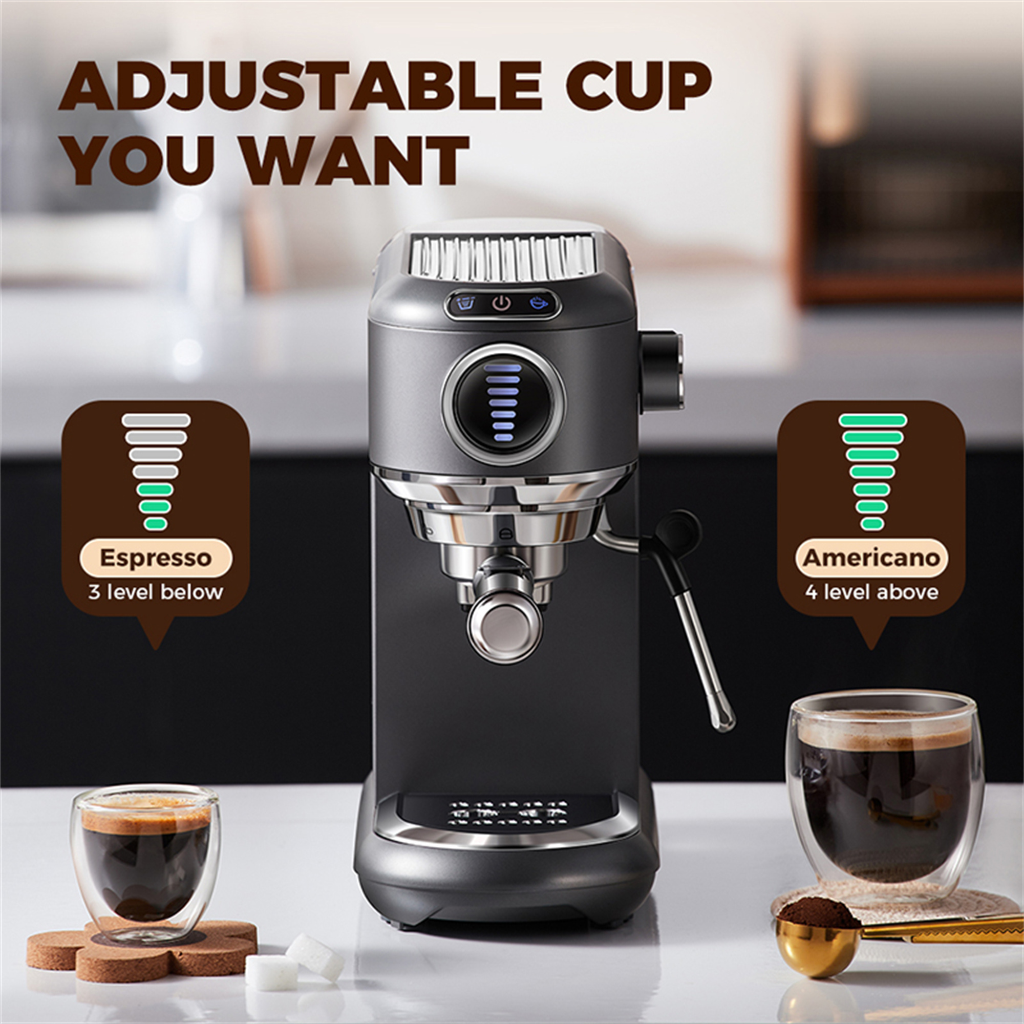Espressomaschine mit zwei Gläsern, eines für Espresso und eines für Americano.