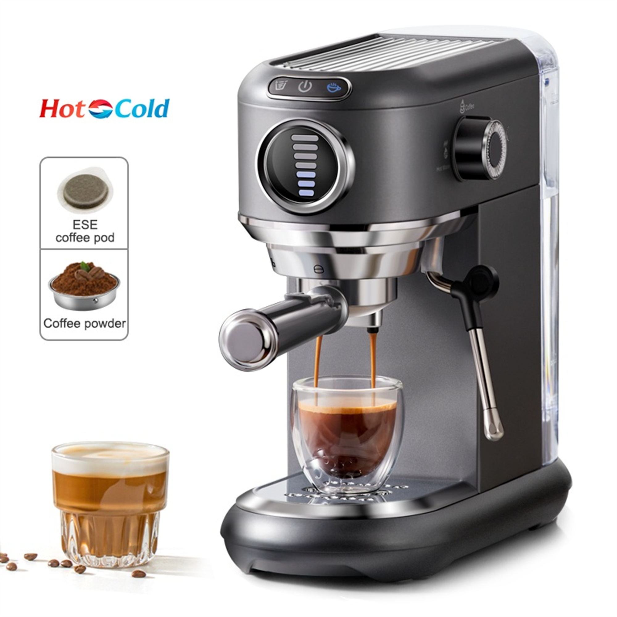Espressomaschine mit Glas. Kaffeezubereitung. Kaffeepad und Pulver sind abgebildet.
