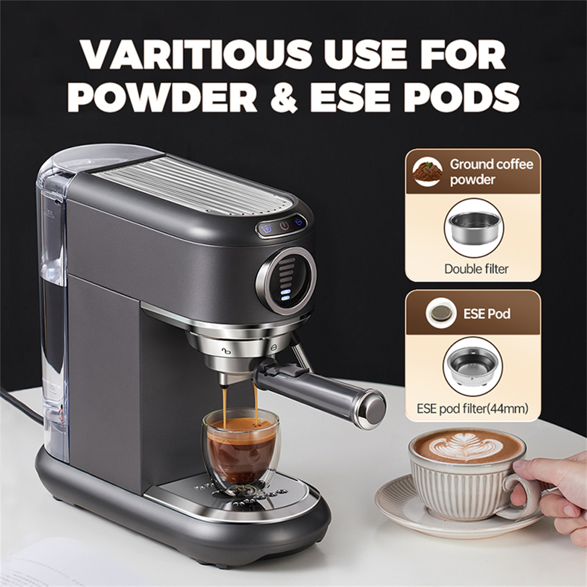 Espressomaschine mit Text. Dunkelgraue Maschine mit einem Glas Kaffee und einer Latte-Tasse.