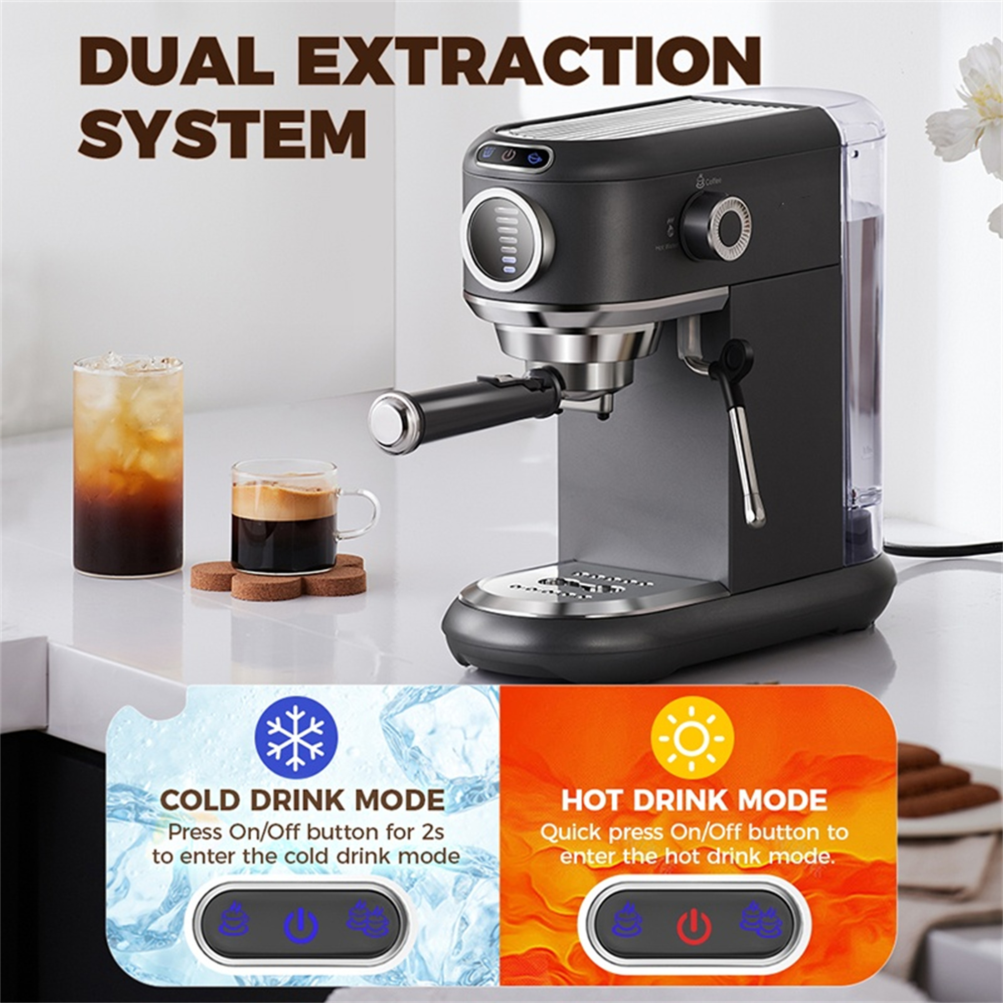 Schwarze und silberne Espressomaschine mit zwei Getränkemodi. Zwei Gläser Getränk auf dem Tisch.