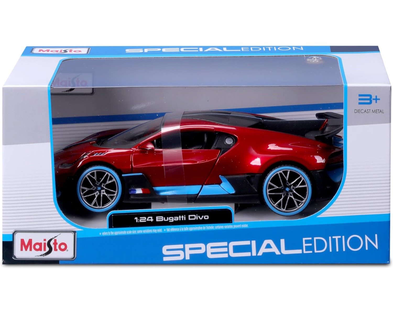 Ein rotes Bugatti Divo Spielzeugauto in einer weißen Box mit blauen Akzenten.